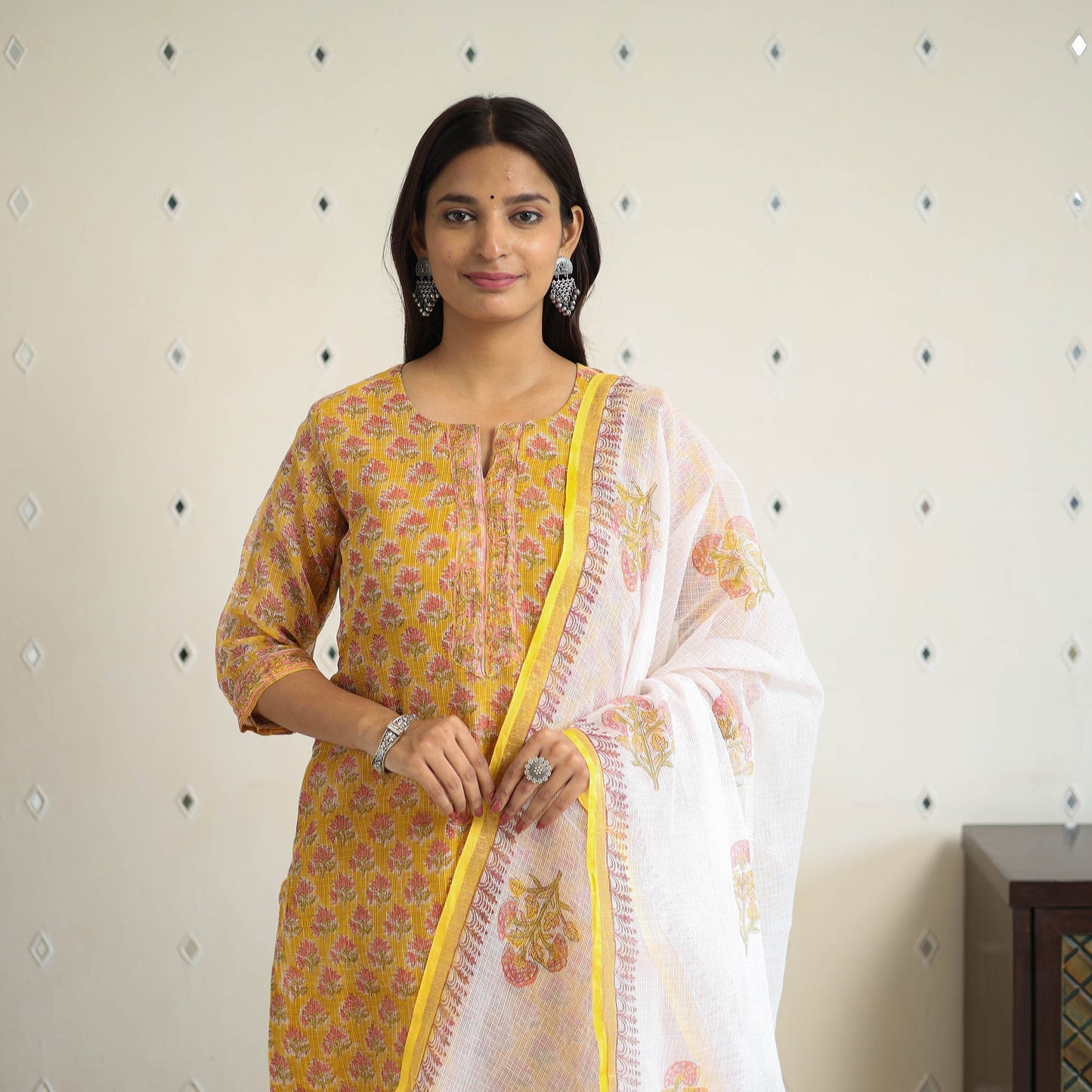 Yellow Block Print Kota Doria Cotton Sanganeri Kurta Set (Set of 3)
