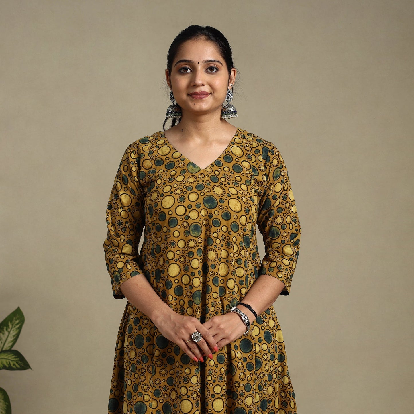 Yellow Block Print Natural Dyed Cotton A-Line Ajrakh Kurta