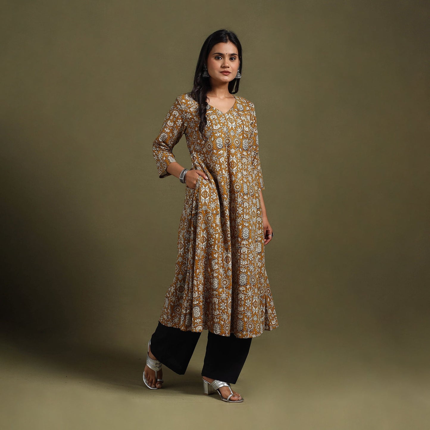 Yellow Block Print Natural Dyed Cotton A-Line Bagru Kurta