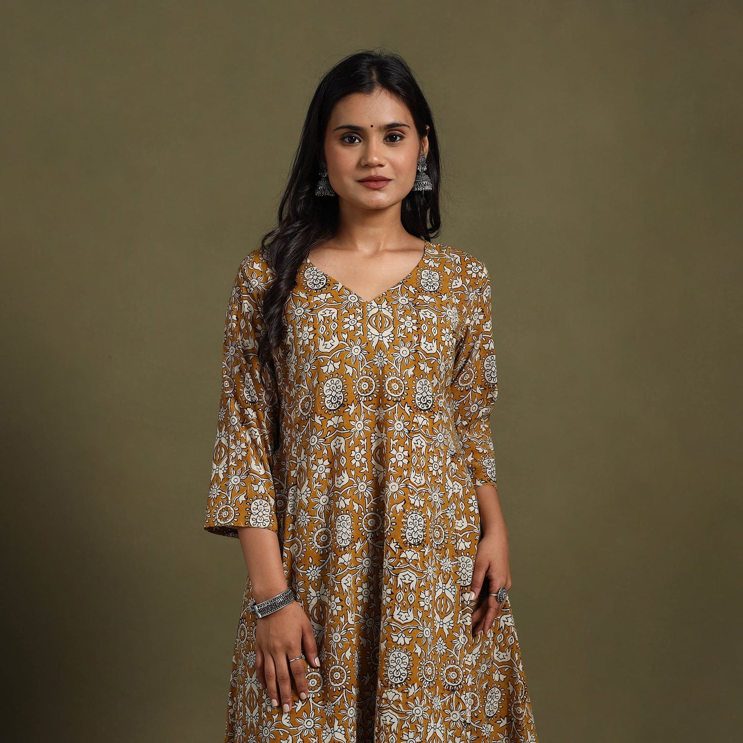 Yellow Block Print Natural Dyed Cotton A-Line Bagru Kurta