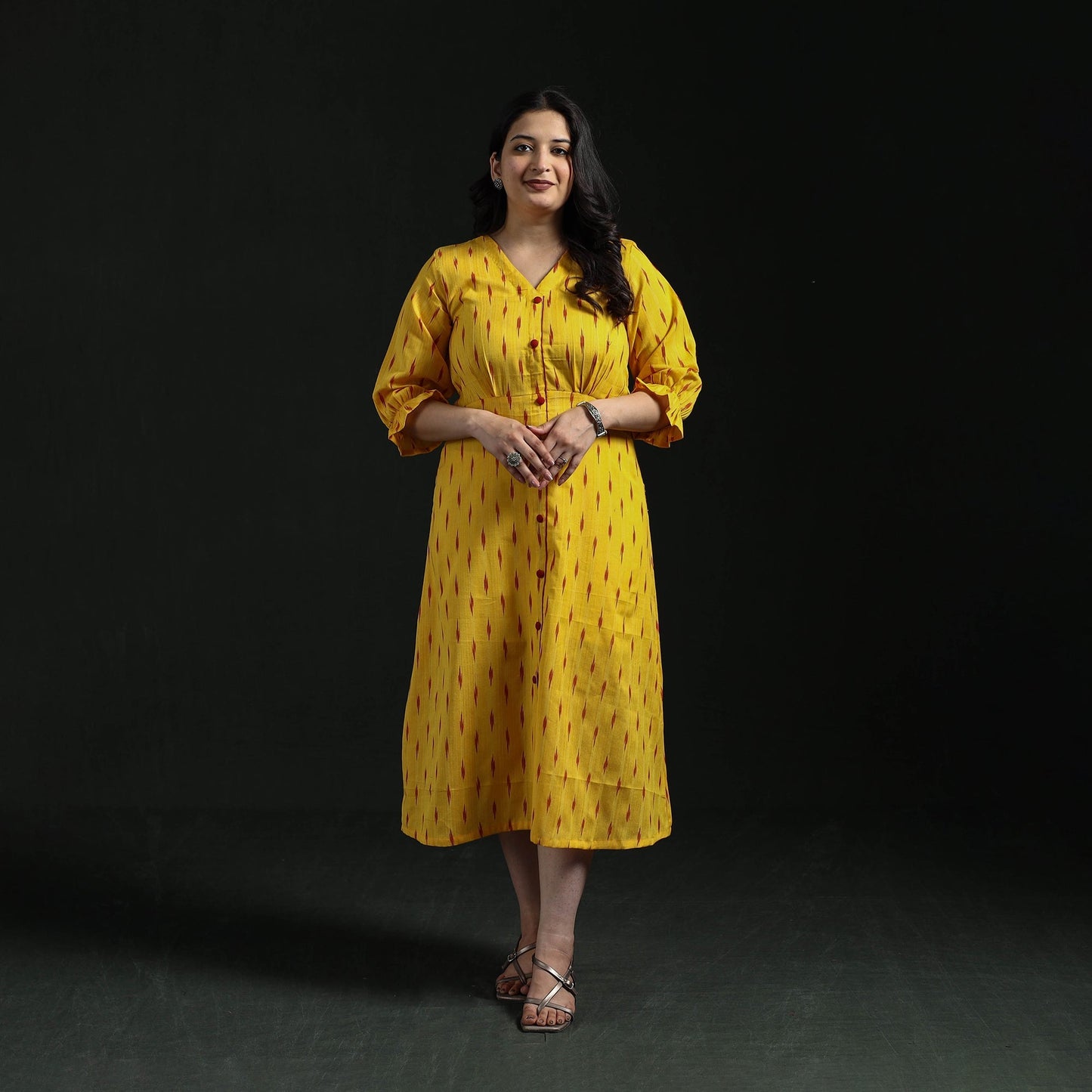 Button down cotton pochampally ikat dress 05 - handcrafted