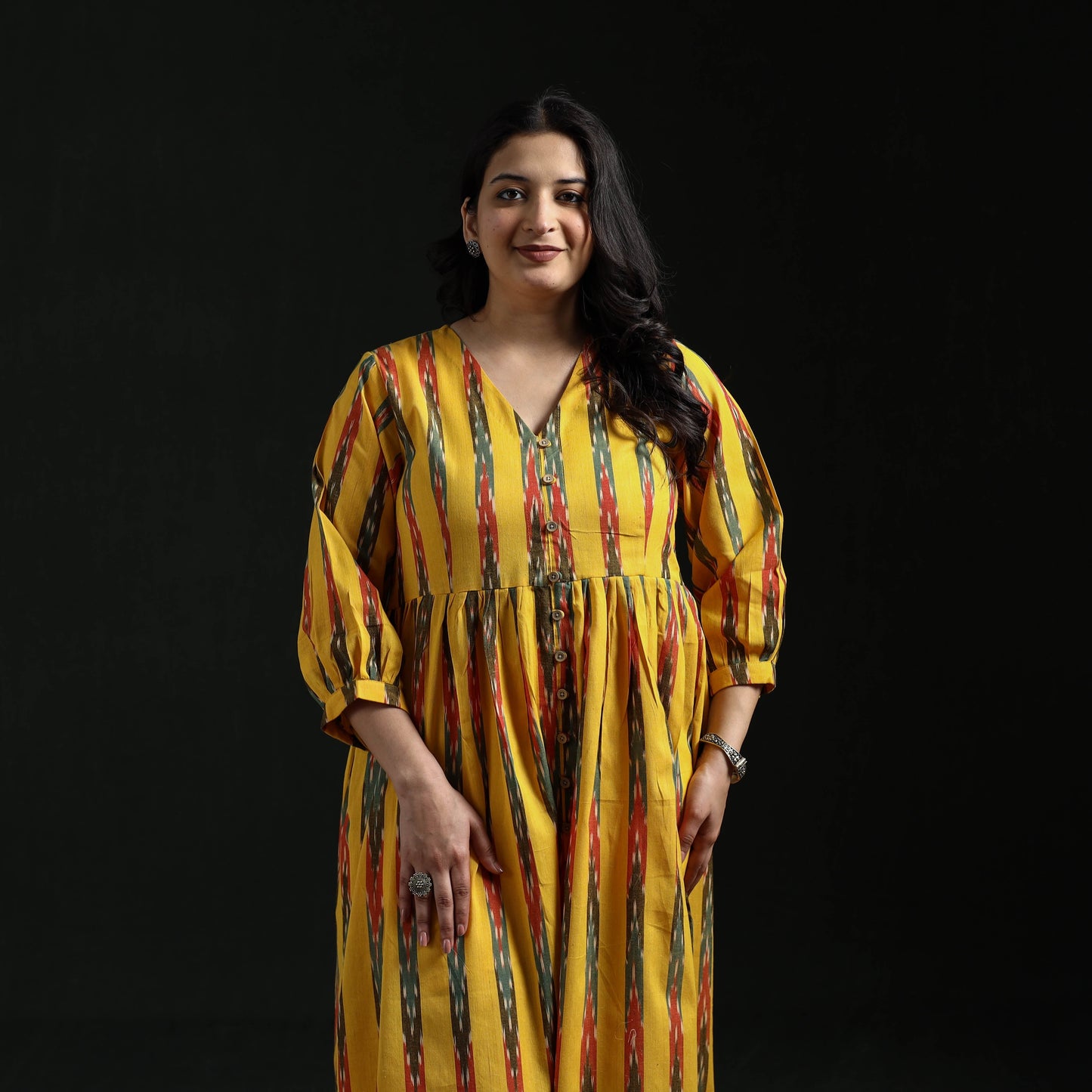 Button down flared cotton pochampally ikat dress 10