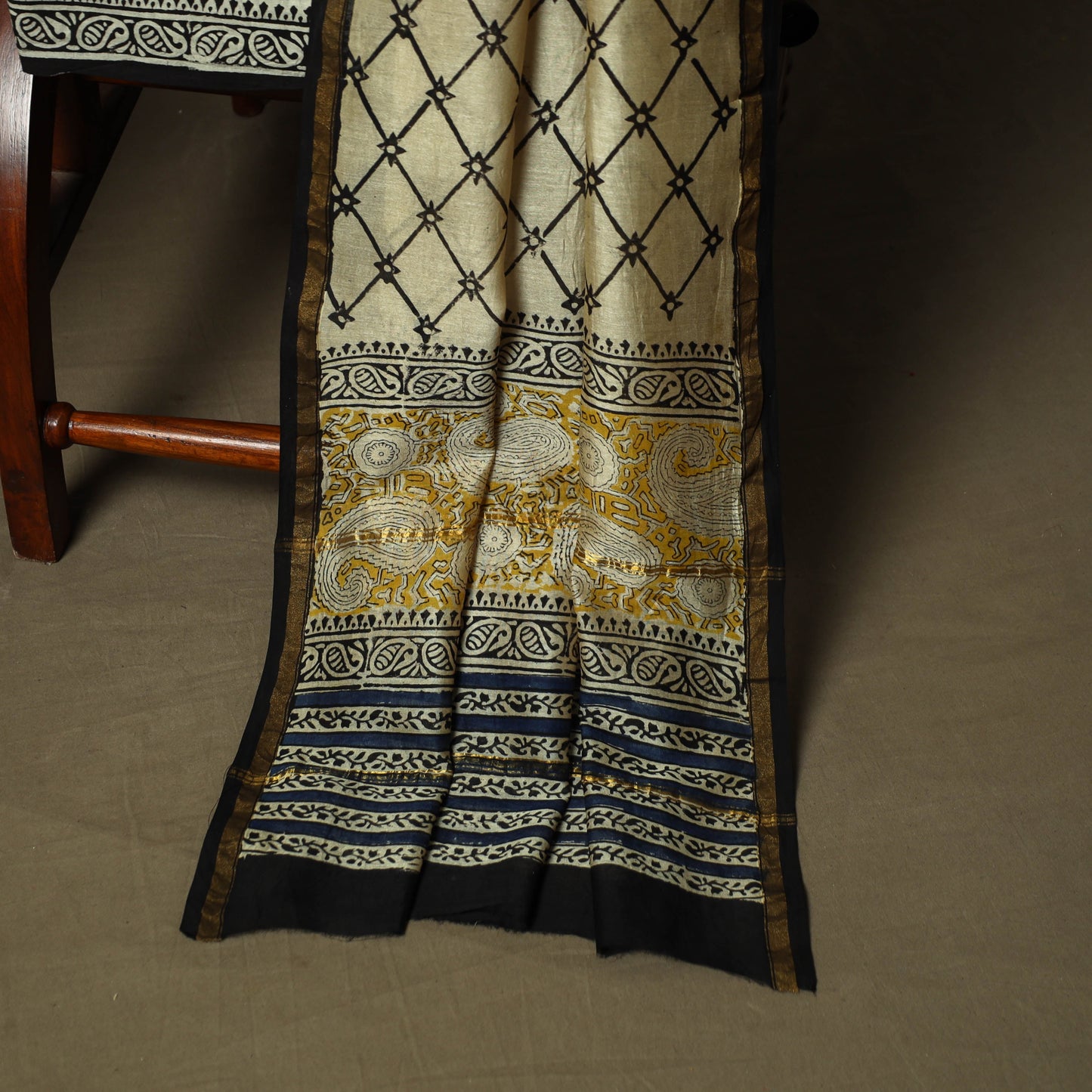 Chanderi silk hand block bagru print 3pc unstitched dress