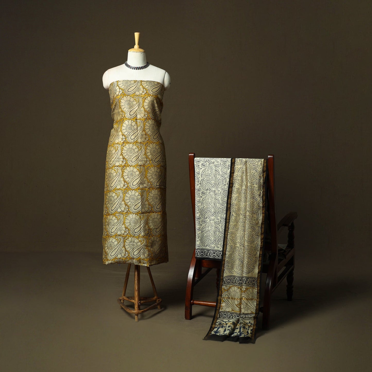 Chanderi silk hand block bagru print 3pc unstitched dress