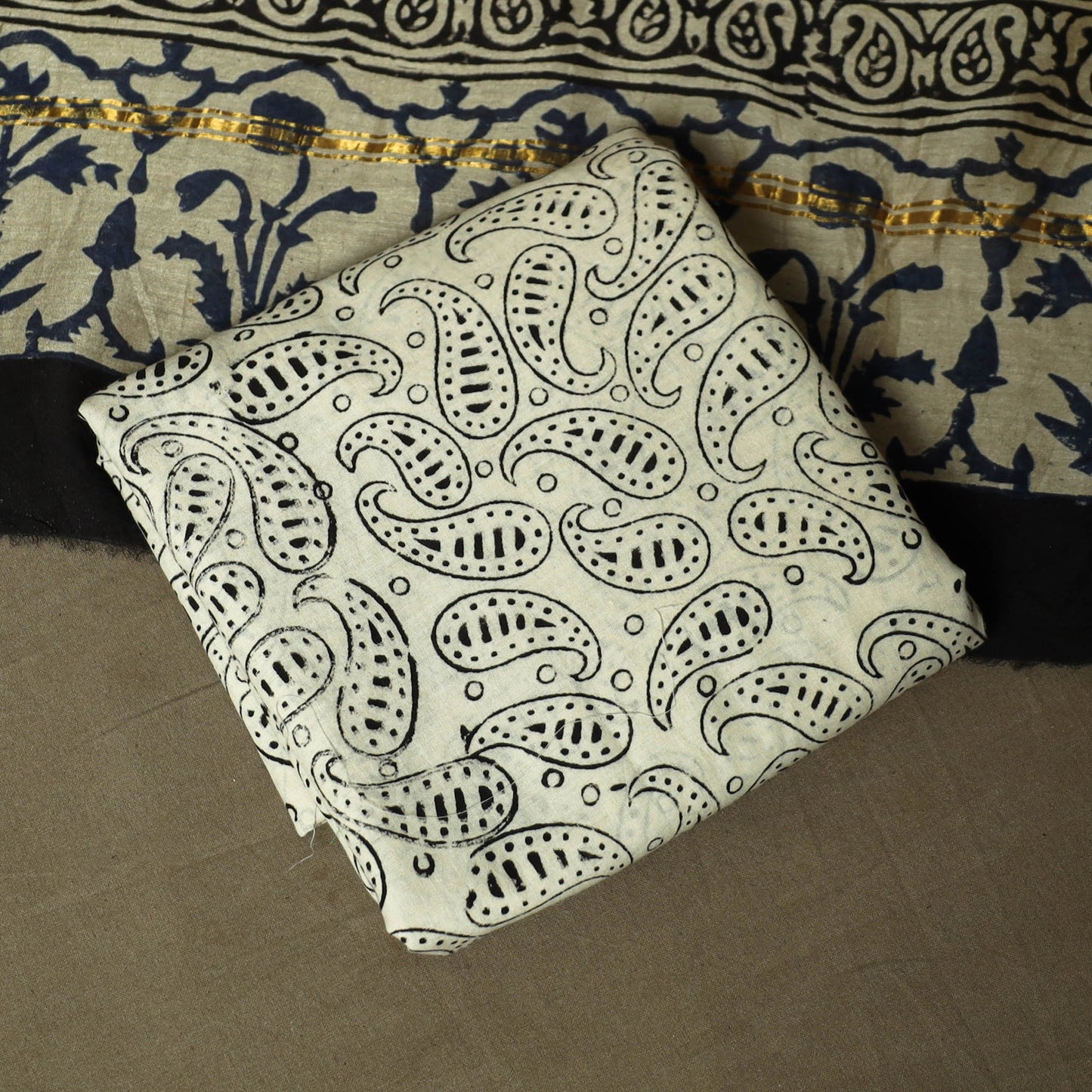 Chanderi silk hand block bagru print 3pc unstitched dress