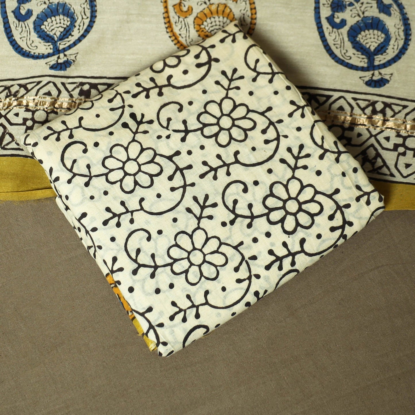 Chanderi silk hand block bagru print 3pc unstitched dress