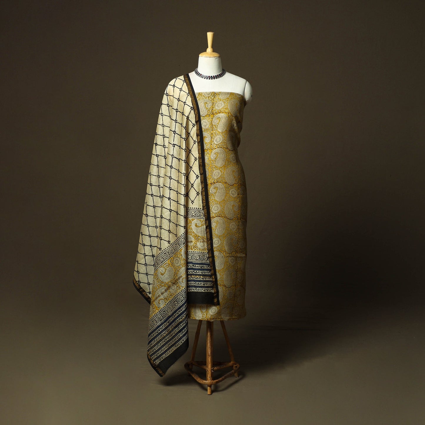 Chanderi silk hand block bagru print 3pc unstitched dress