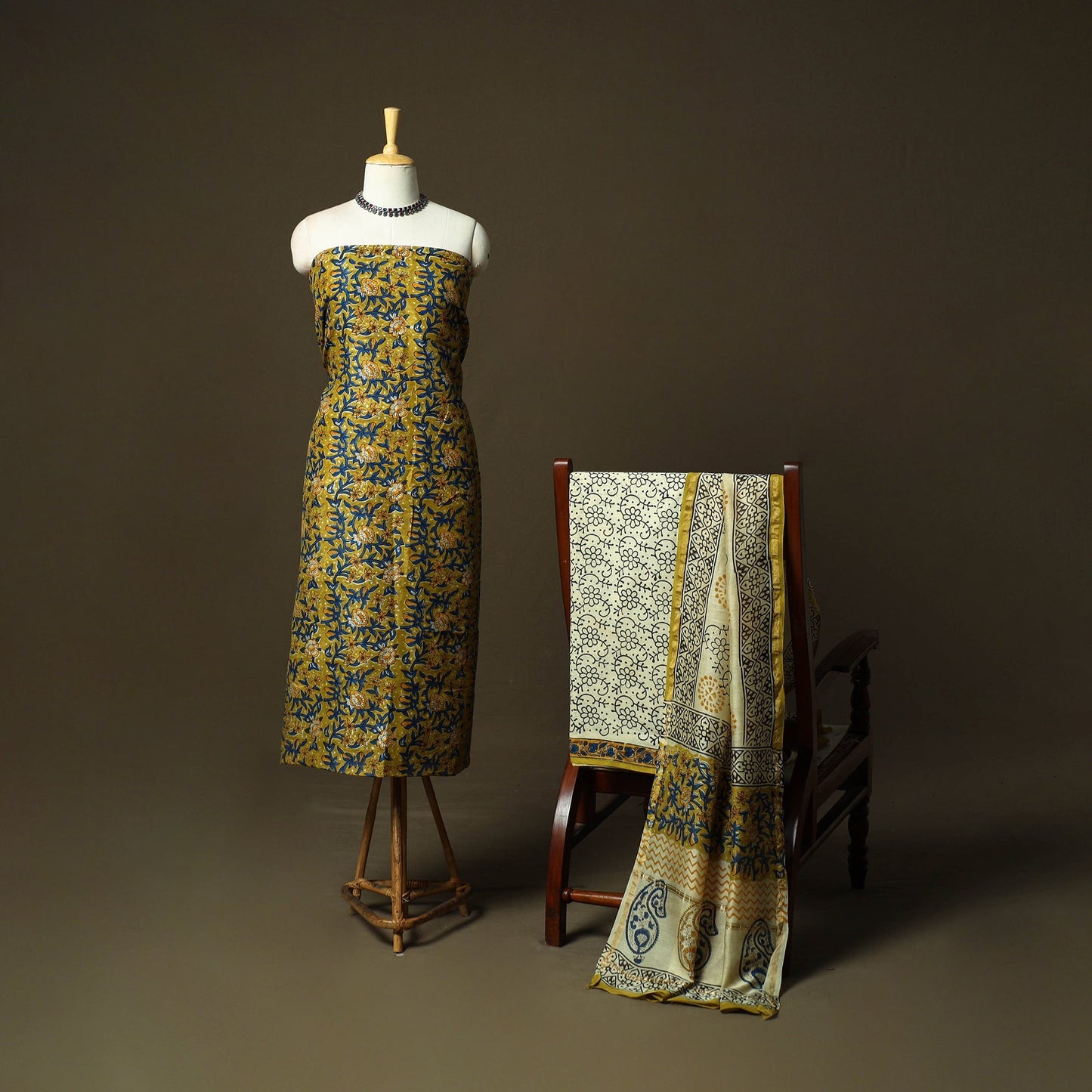 Chanderi silk hand block bagru print 3pc unstitched dress