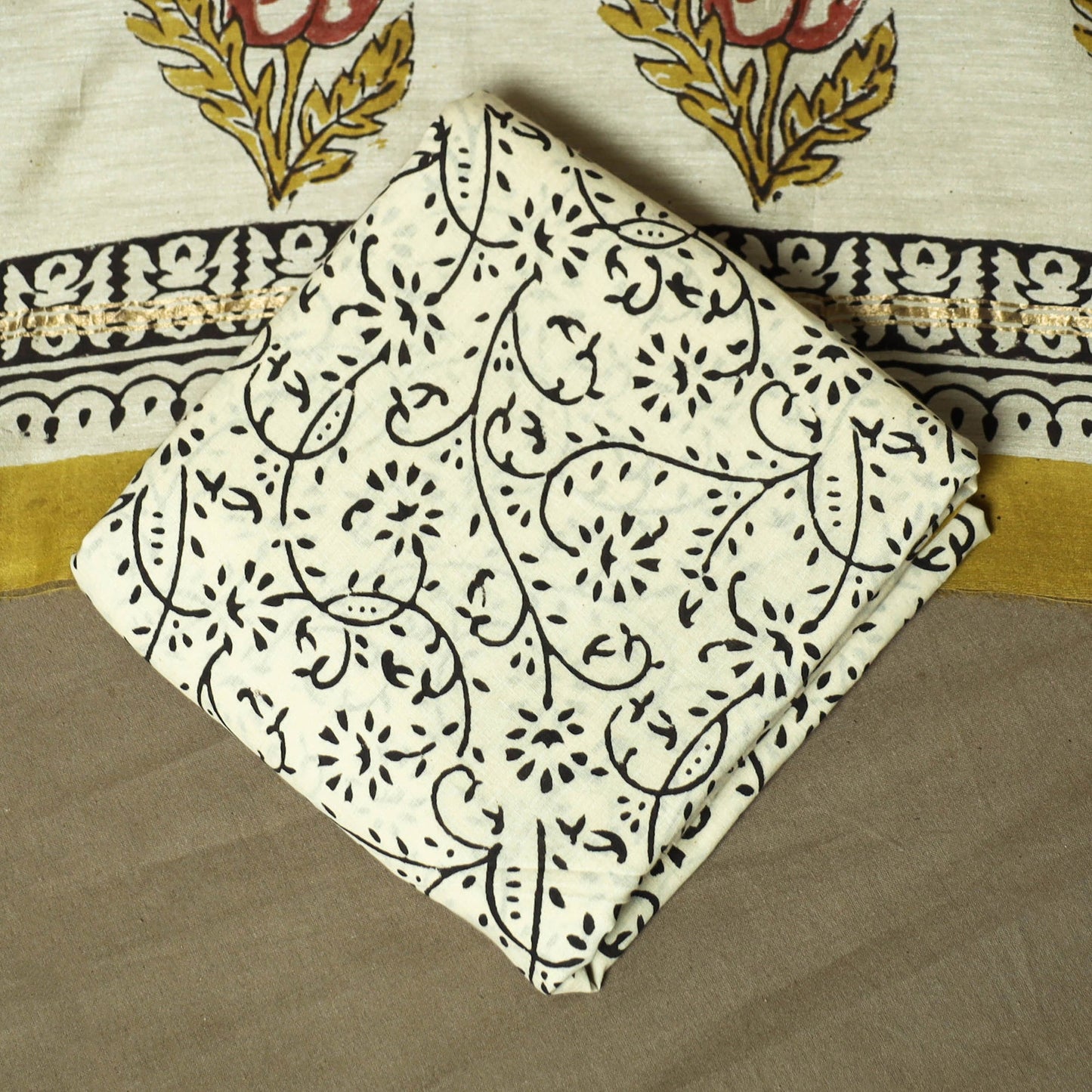 Chanderi silk hand block bagru print 3pc unstitched dress