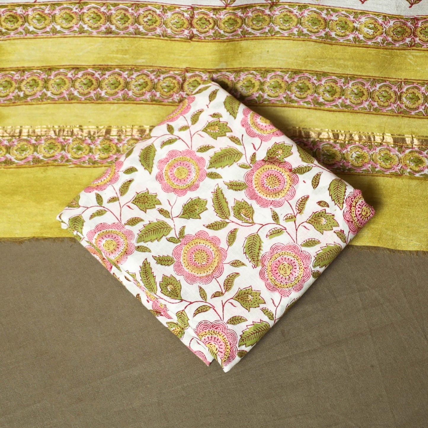 Chanderi silk hand block sanganeri print 3pc unstitched