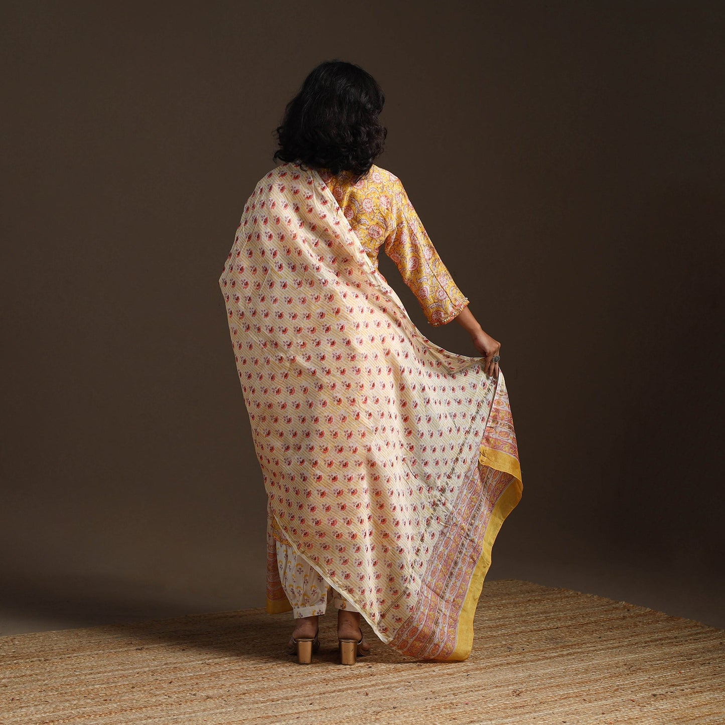 Yellow - chanderi silk hand embroidery sanganeri suit set