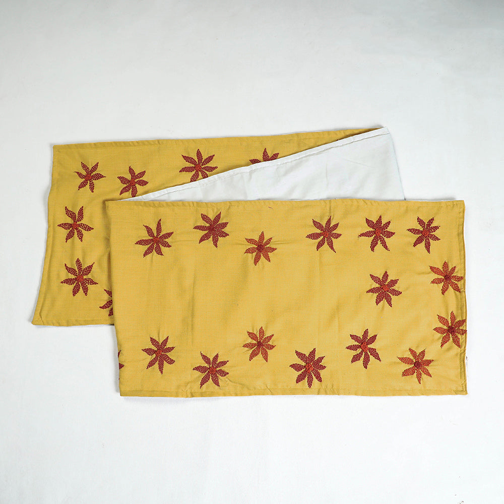 Yellow Chandi Mati Tagai Work Silk Cotton Table Runner