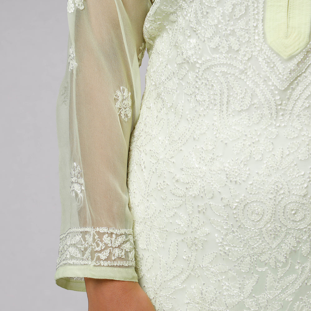 Yellow - chikankari hand embroidered georgette long kurta