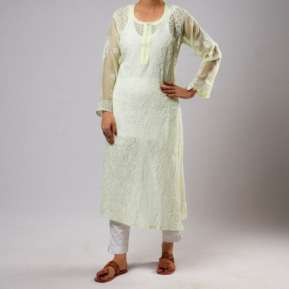Yellow - Chikankari Hand Embroidered Georgette Long Kurta