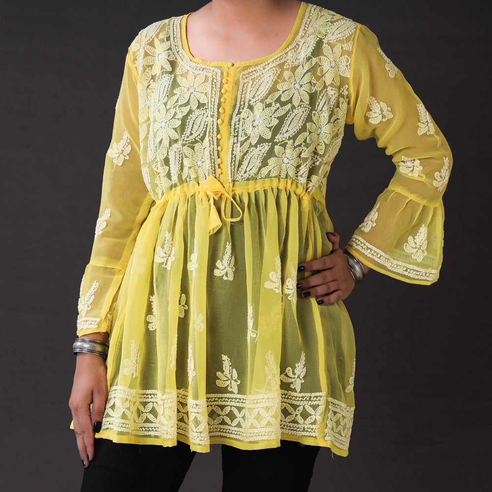 Yellow - Chikankari Hand Embroidered Short Flared Kurta / Top
