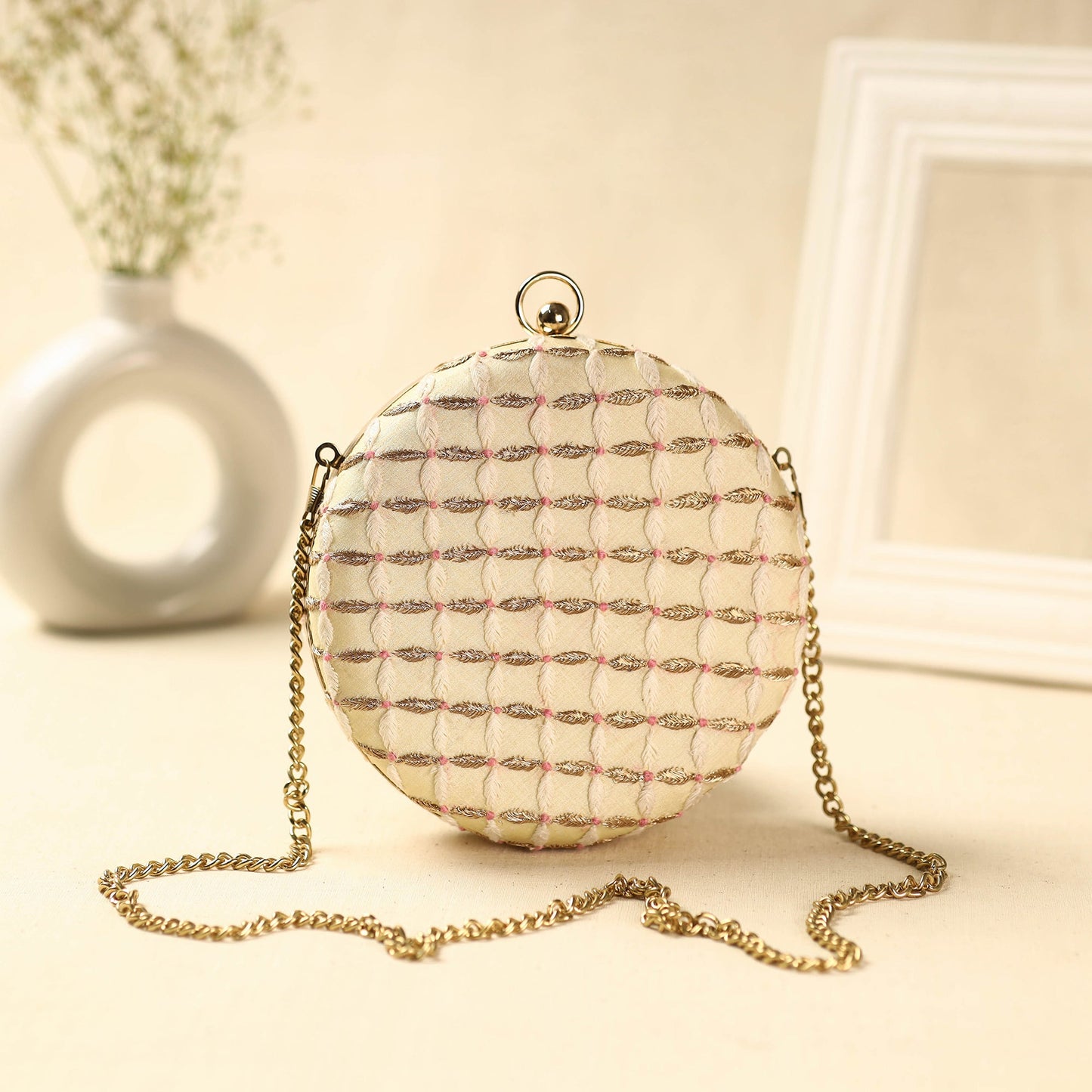 Yellow Chikankari Hand Embroidered Tussar Silk Clutch/Sling Bag