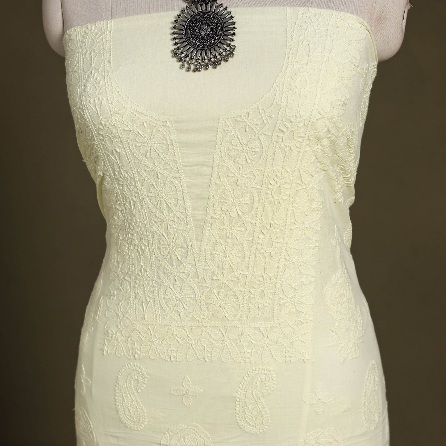 Yellow Chikankari Hand Embroidery Mul Cotton Kurta Material