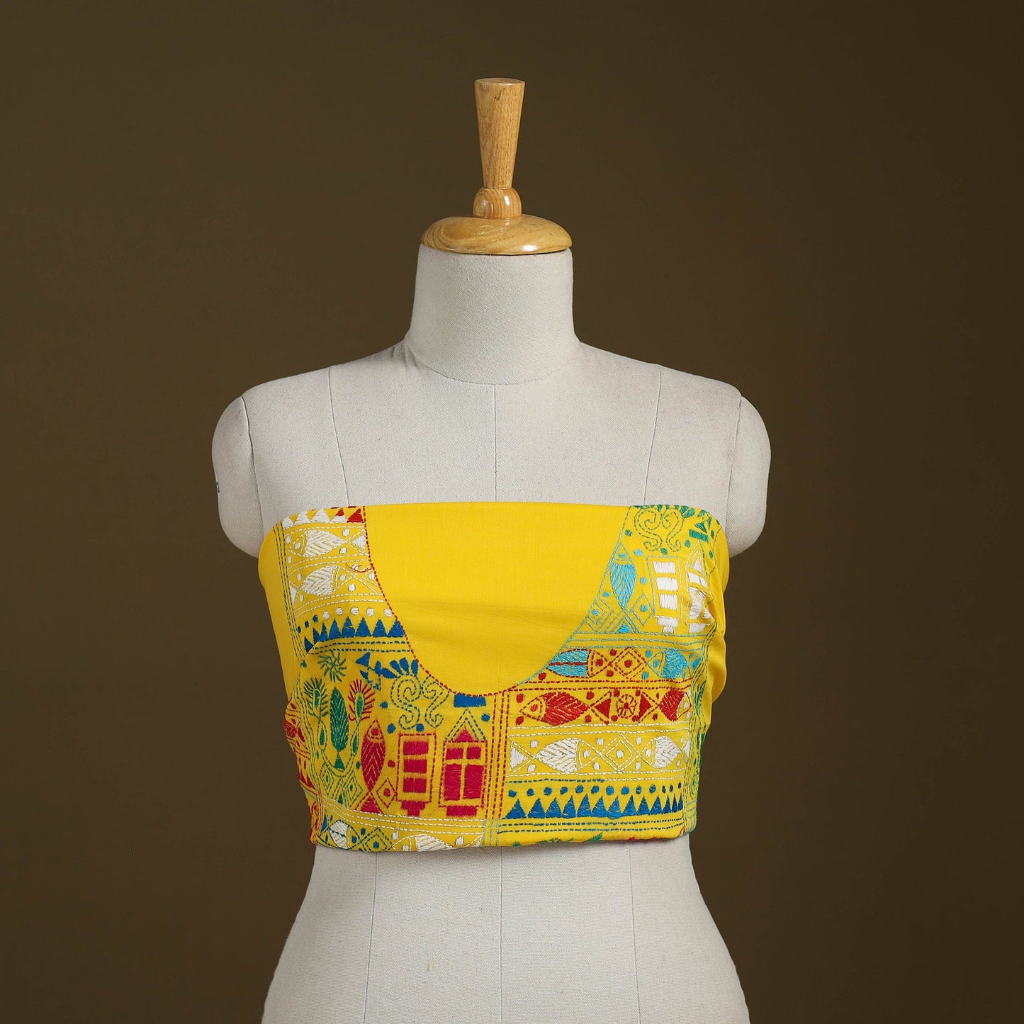 Yellow Cotton Bengal Kantha Stitch Blouse Piece