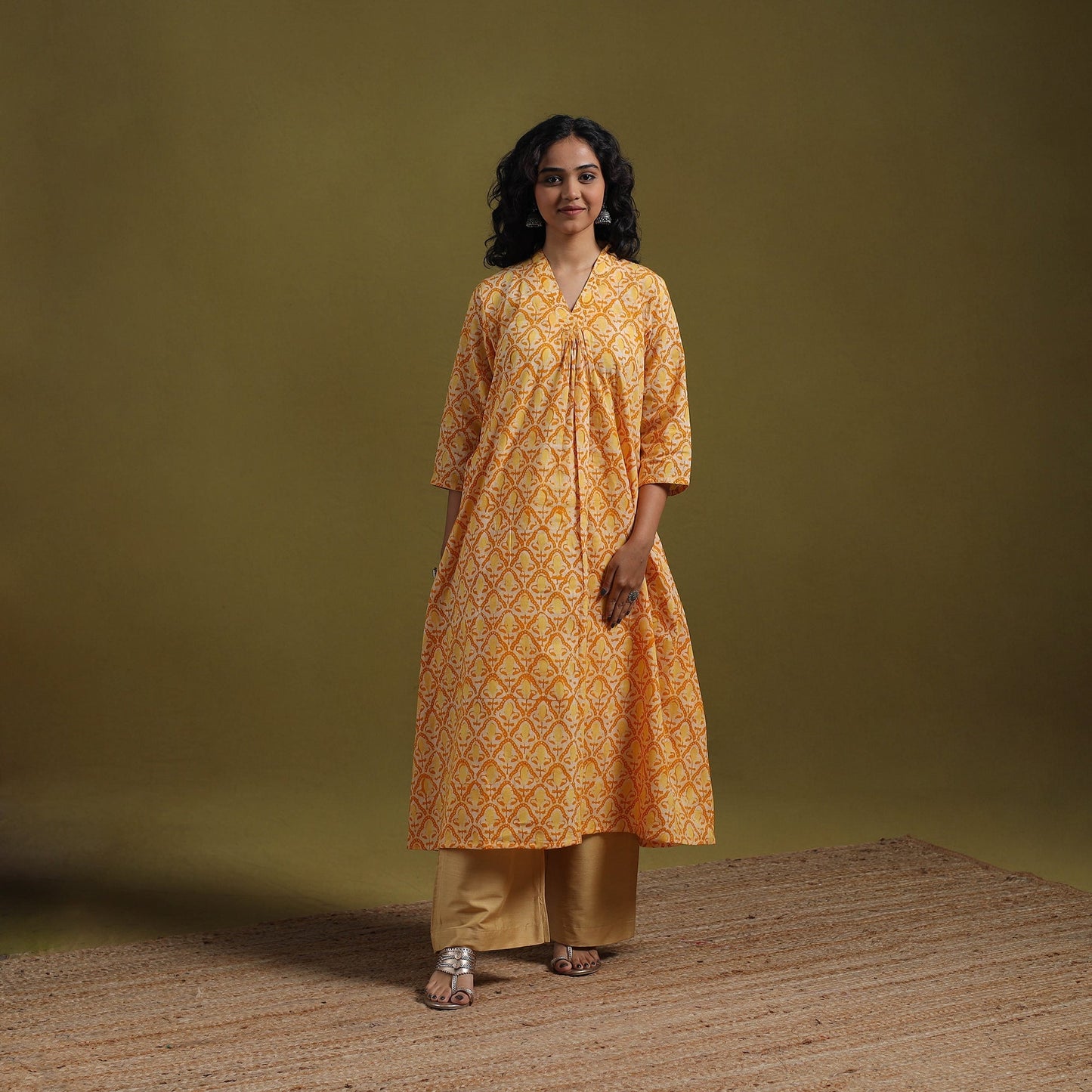 Cotton hand batik embroidered a-line kurta for women 08