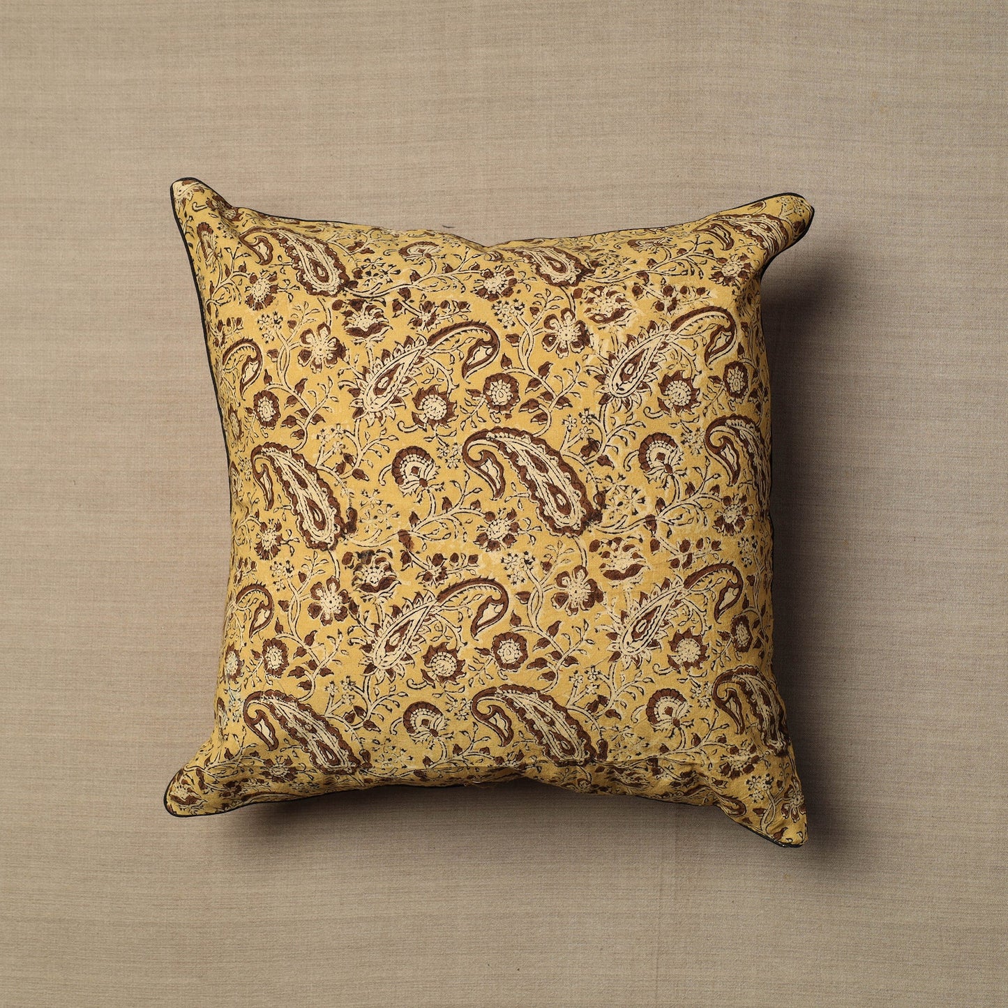 Yellow Block Print Cotton Kalamkari Cushion Cover