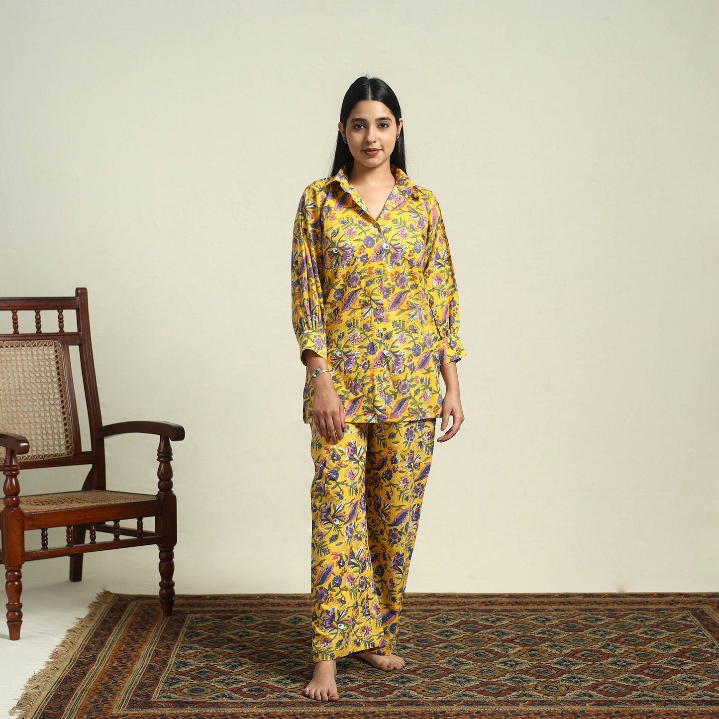 Buy Cotton Yellow Sanganeri Block Print Night Suit Set Online