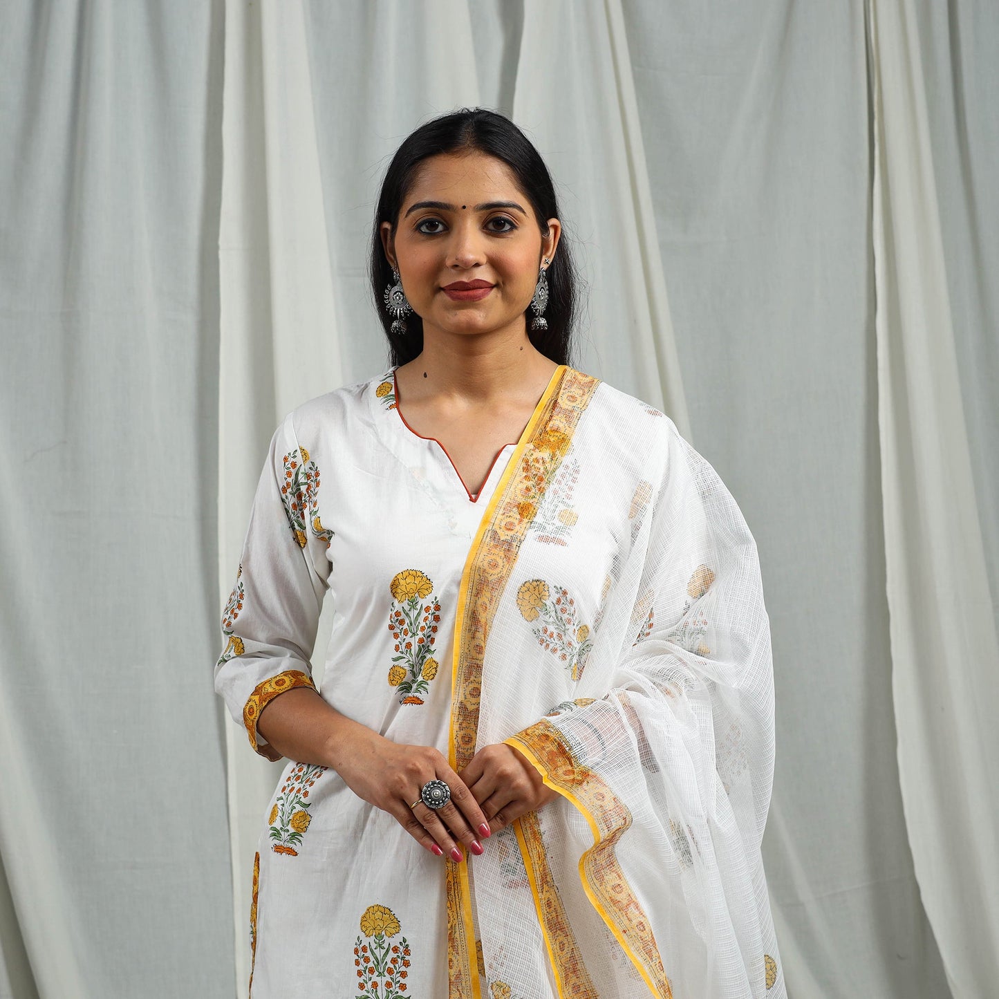 Yellow Block Print Cotton Sanganeri Kurta Set