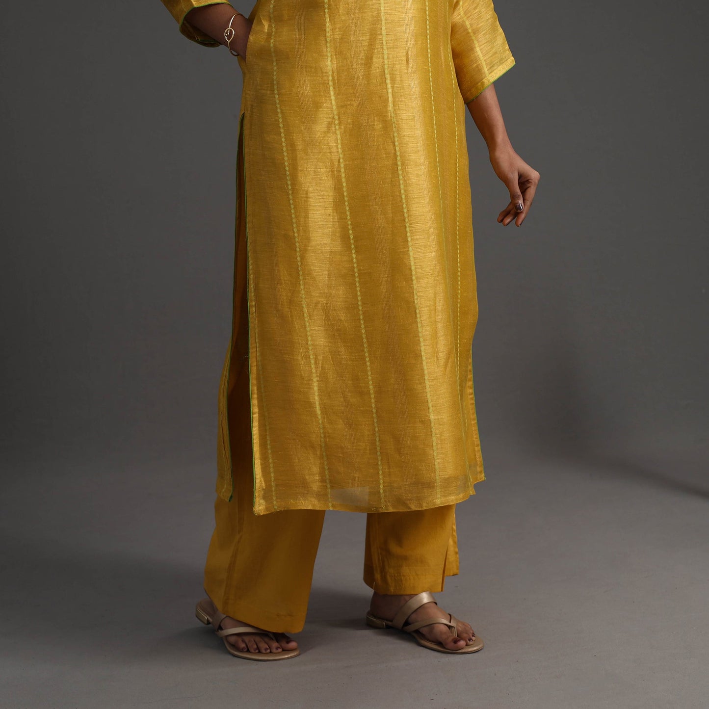 Yellow Elegant Linen Silk Handloom Plain Kurta Set