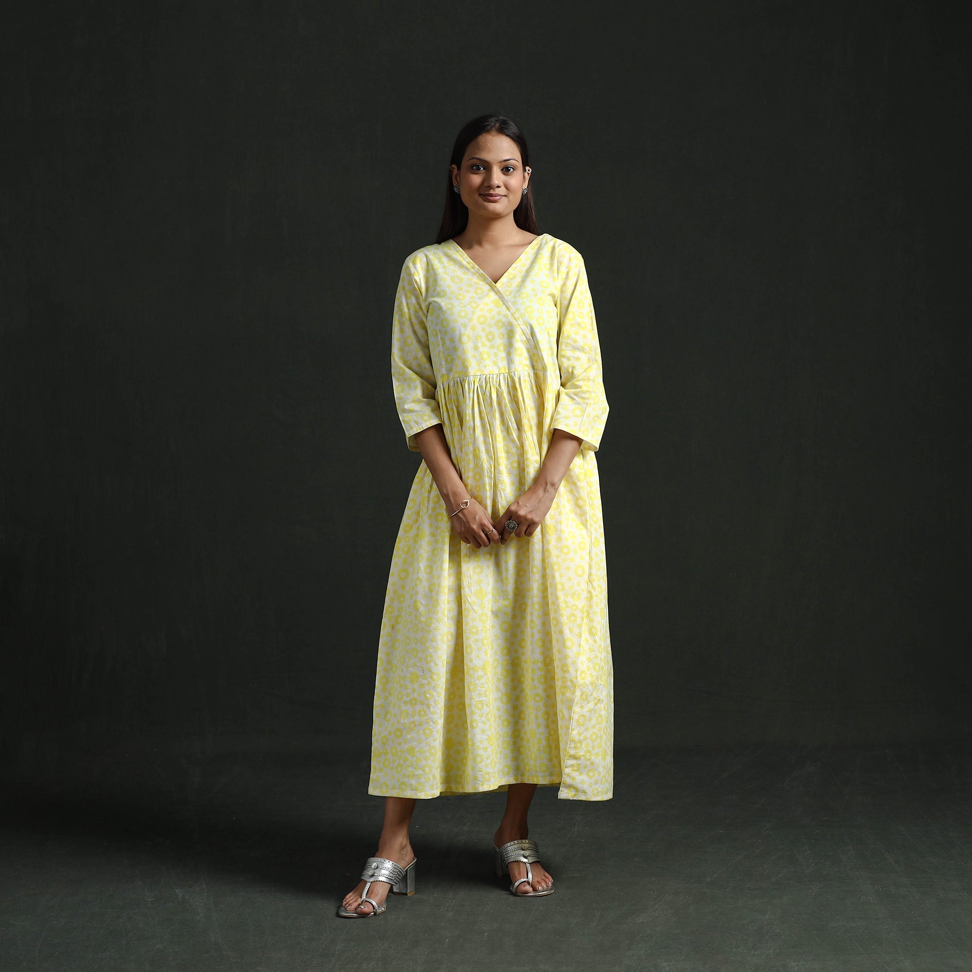 cotton batik dresses Yellow Flared Angrakha Hand Block Print Long Dress Itokri Casuals COJP_JP/KUT/70/I/6/XL Disney Princess Images Princess seam pockets IHC251 Size:0-2