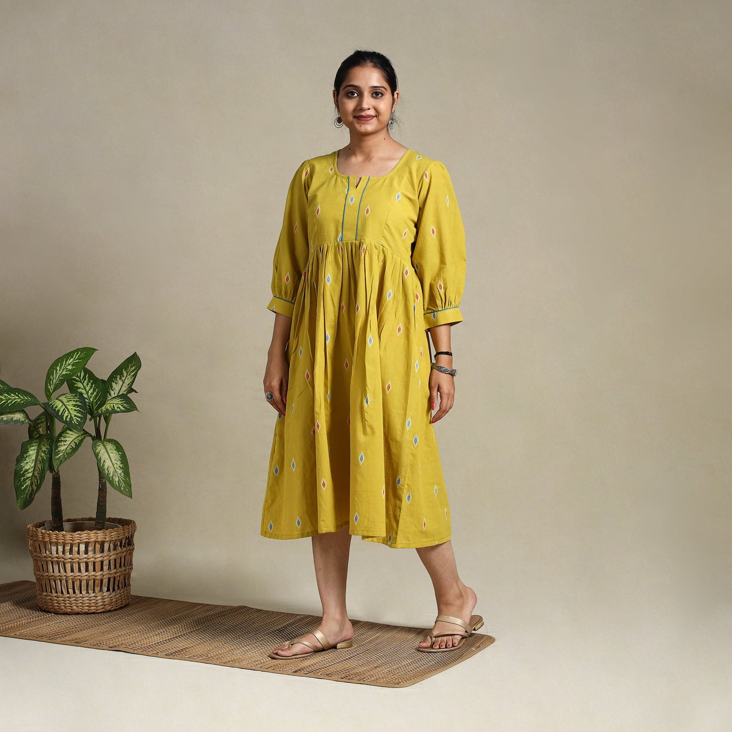 Yellow Flared Cotton Jacquard Dress