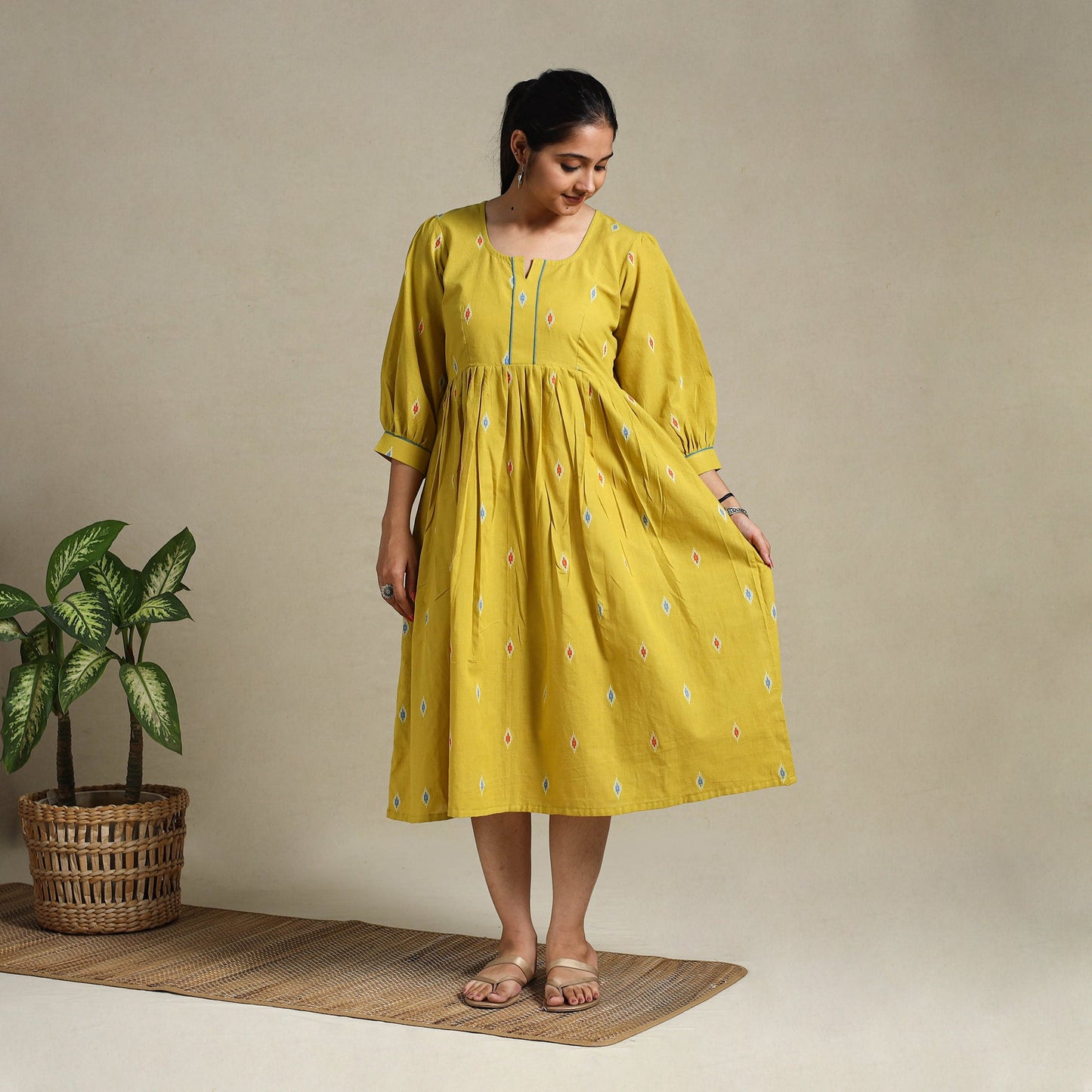 Yellow Flared Cotton Jacquard Dress