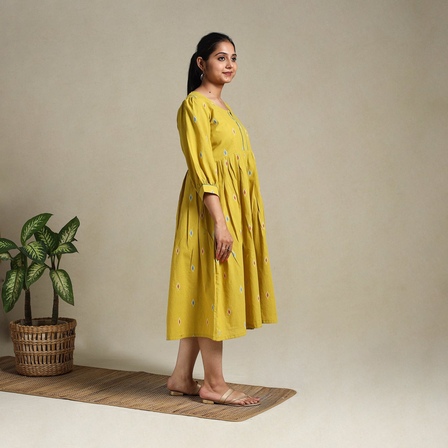 Yellow Flared Cotton Jacquard Dress