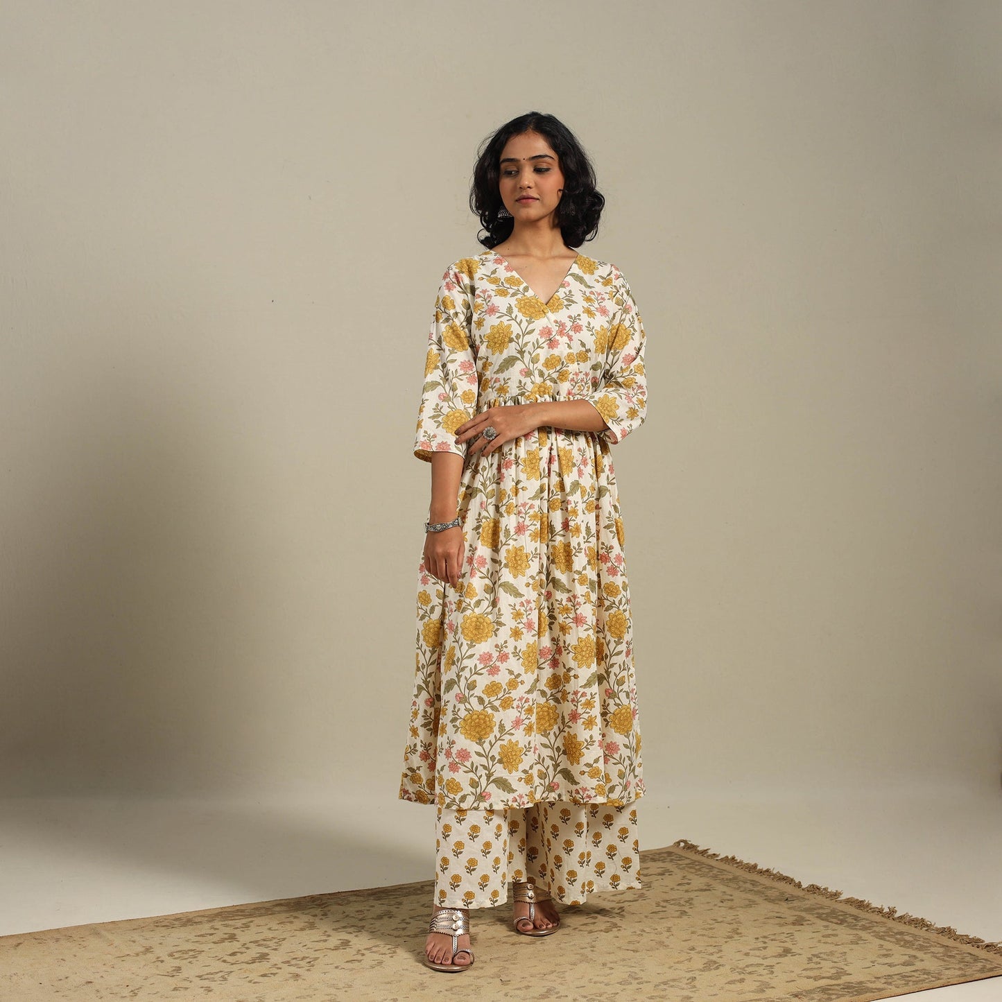 Yellow Flared Cotton Jaipur Print Kurta Set (Set of 2)