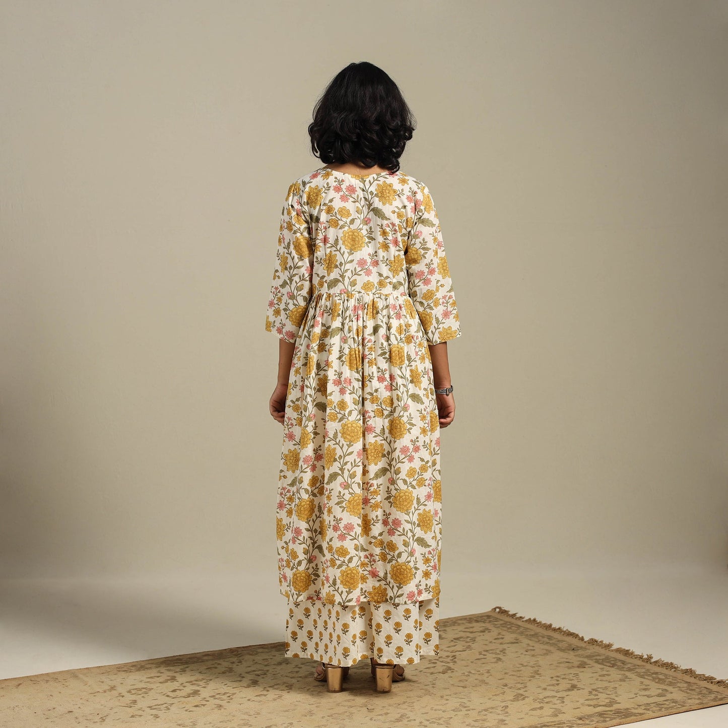 Yellow Flared Cotton Jaipur Print Kurta Set (Set of 2)