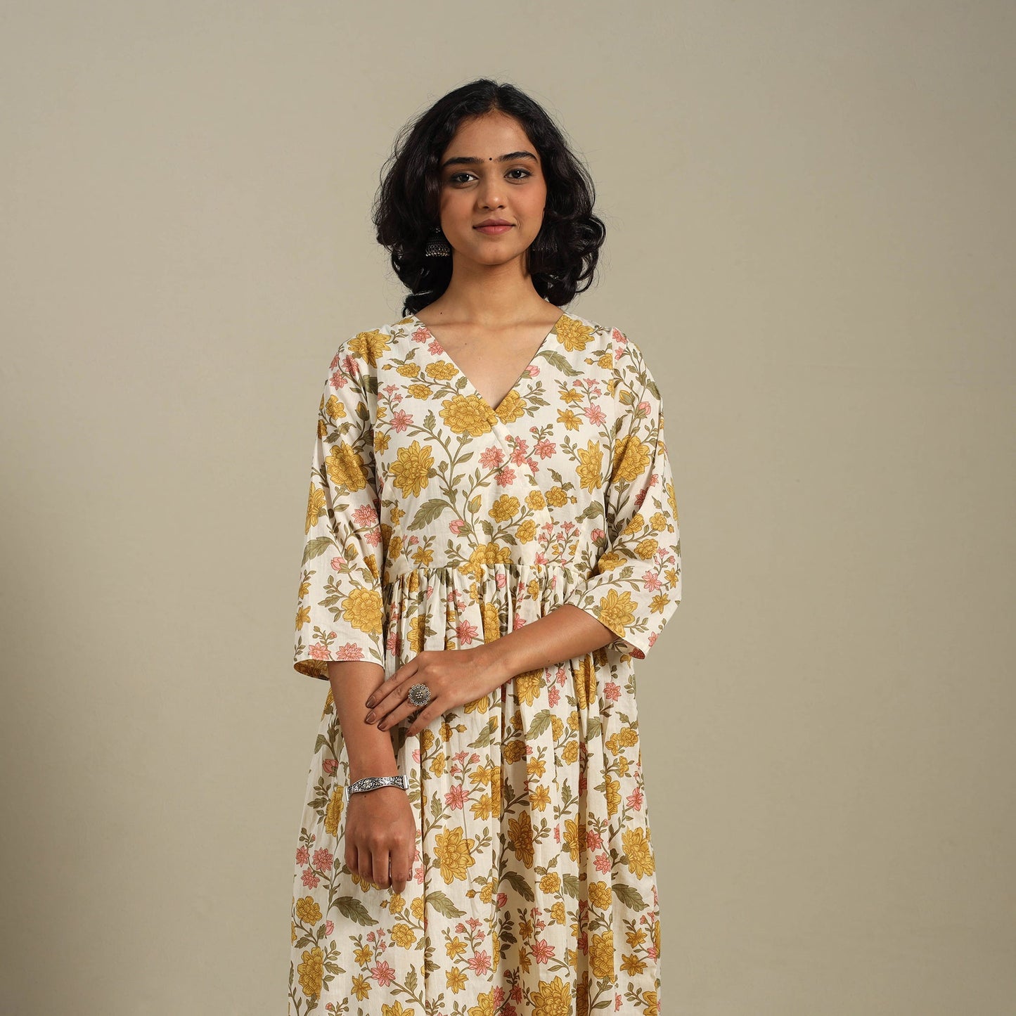 Yellow Flared Cotton Jaipur Print Kurta Set (Set of 2)