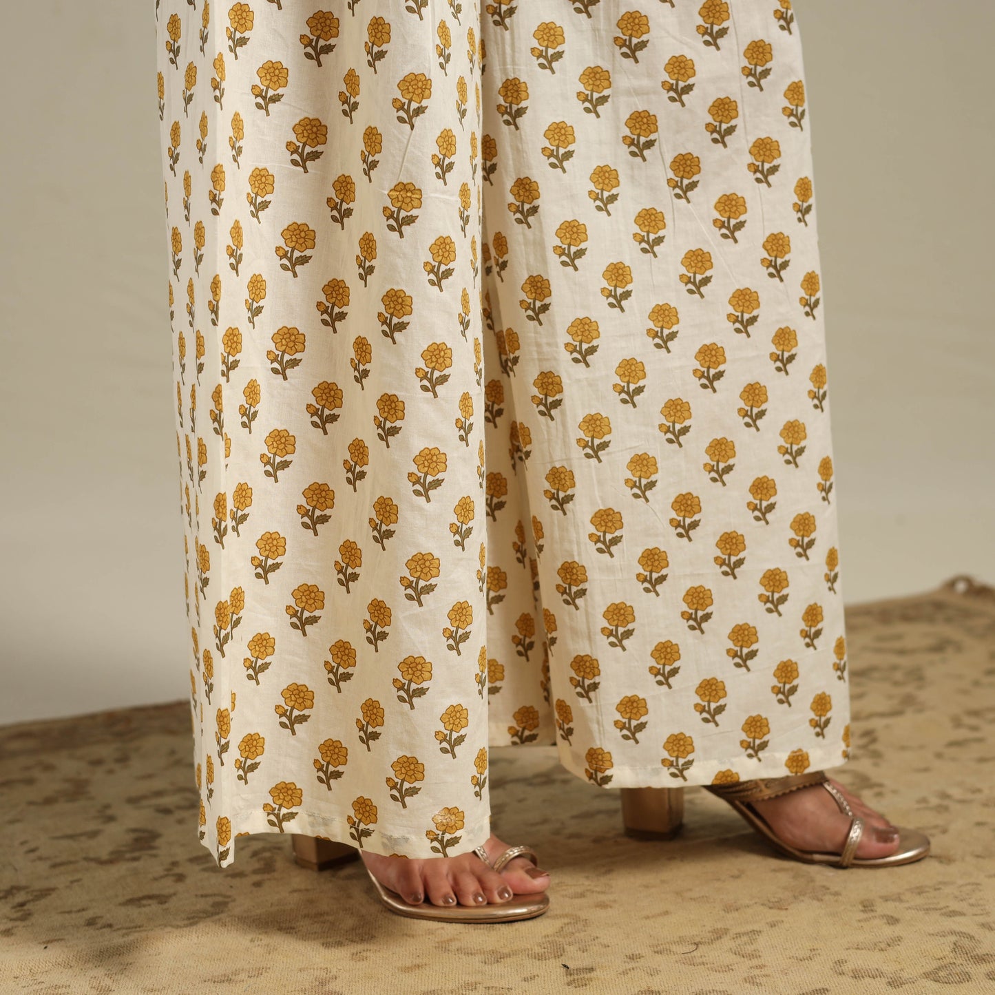 Yellow Flared Cotton Jaipur Print Kurta Set (Set of 2)
