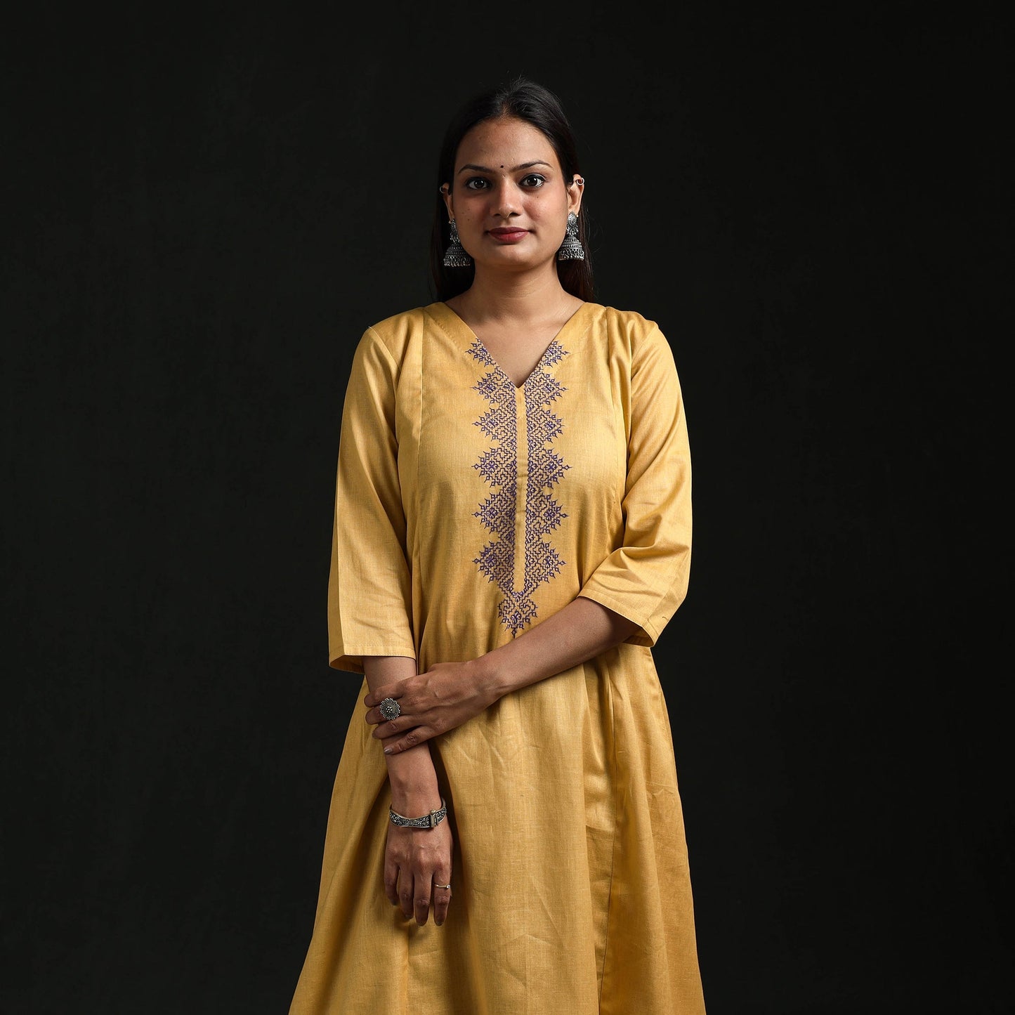 Flex cotton plain hand embroidered a-line kurta for women