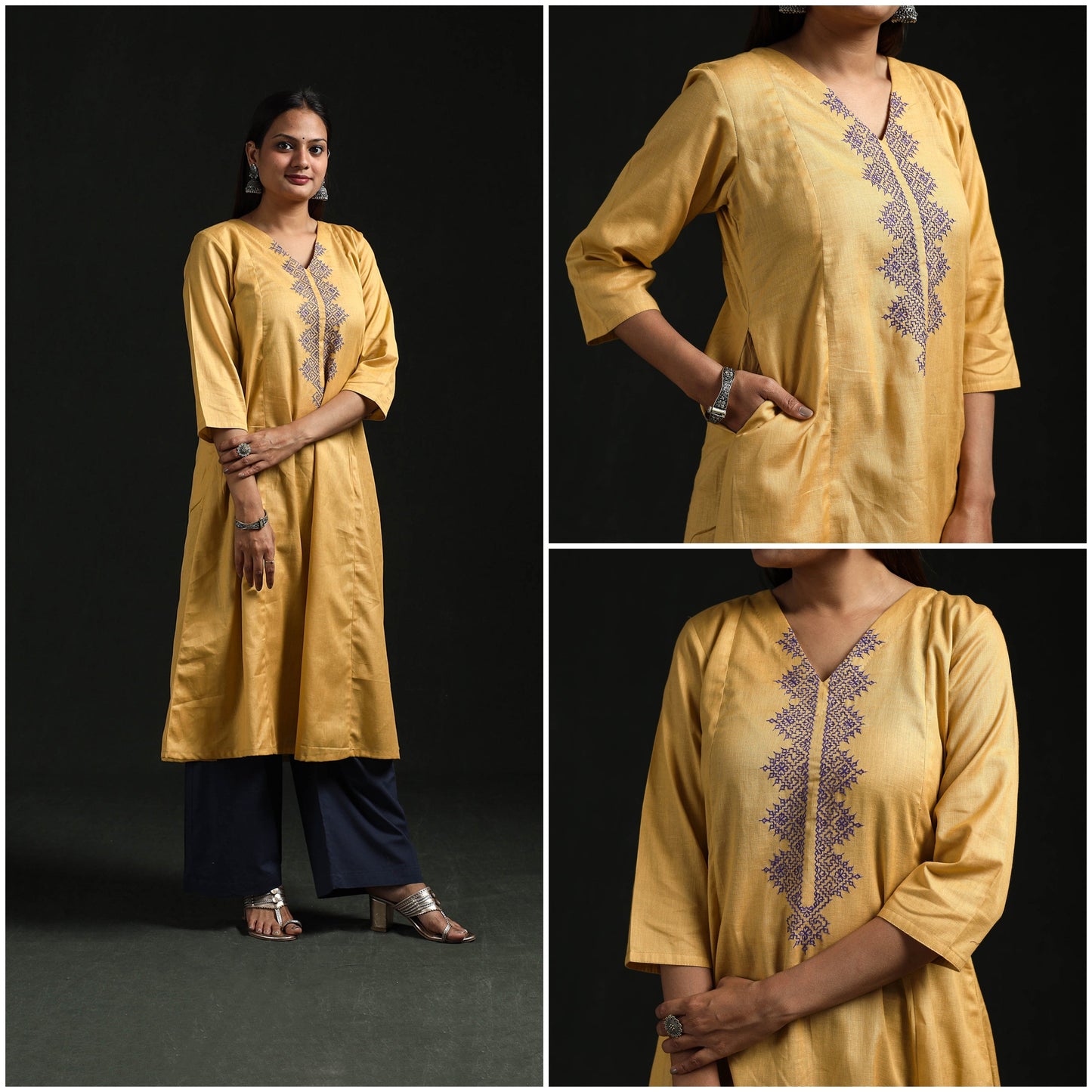 Flex cotton plain hand embroidered a-line kurta for women