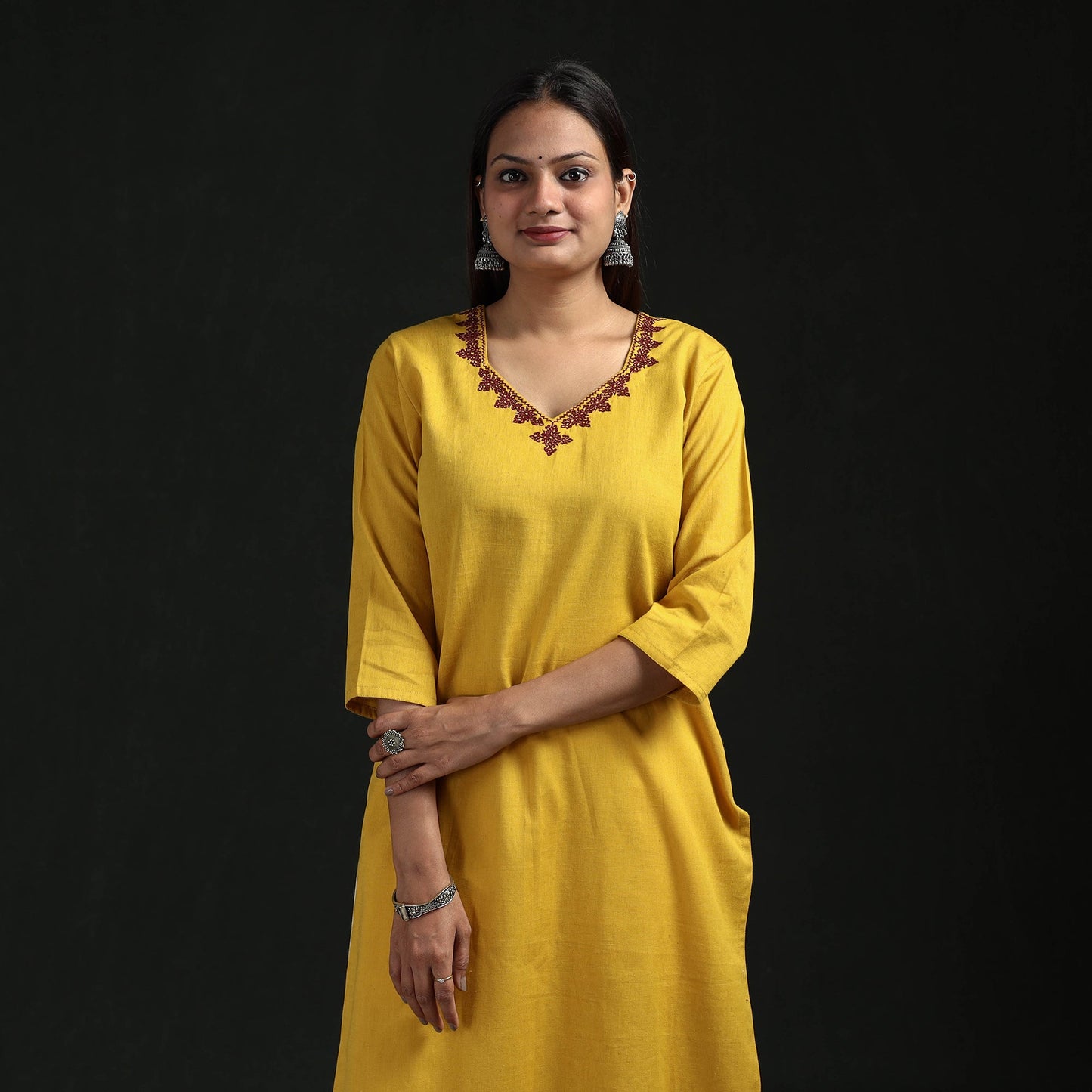 Flex cotton plain hand embroidered straight kurta for women