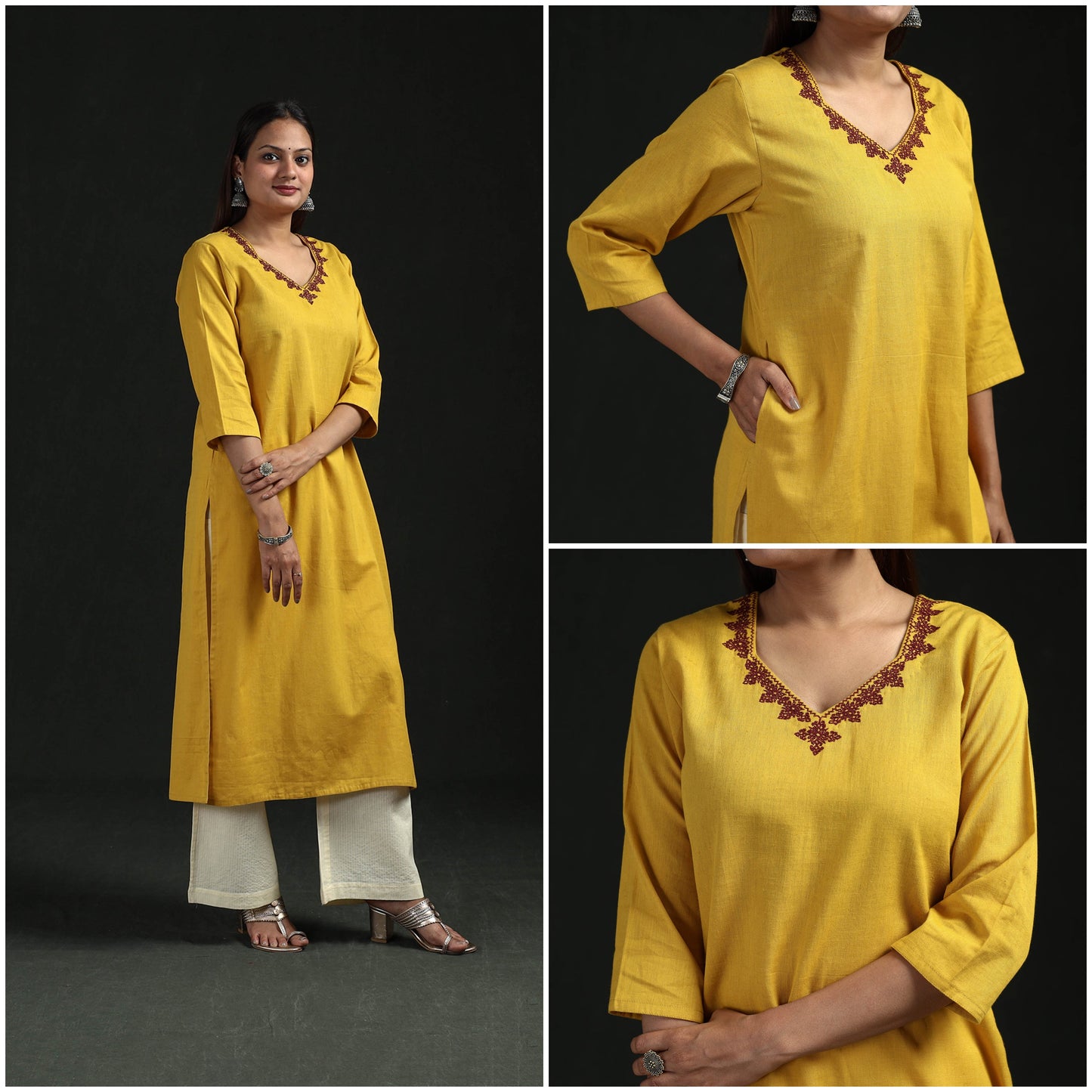 Flex cotton plain hand embroidered straight kurta for women