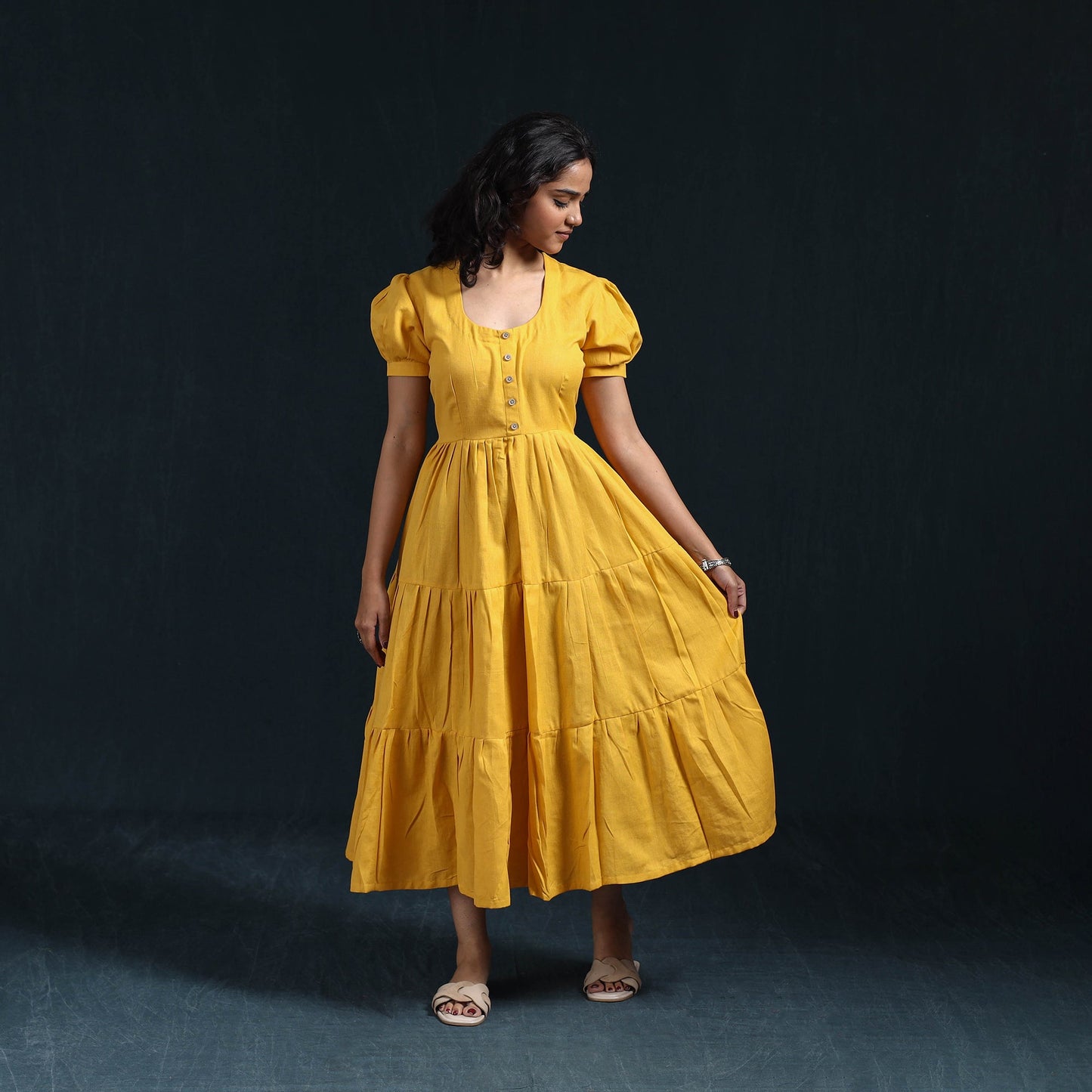 Yellow - flex cotton tiered plain dress 10 - handcrafted