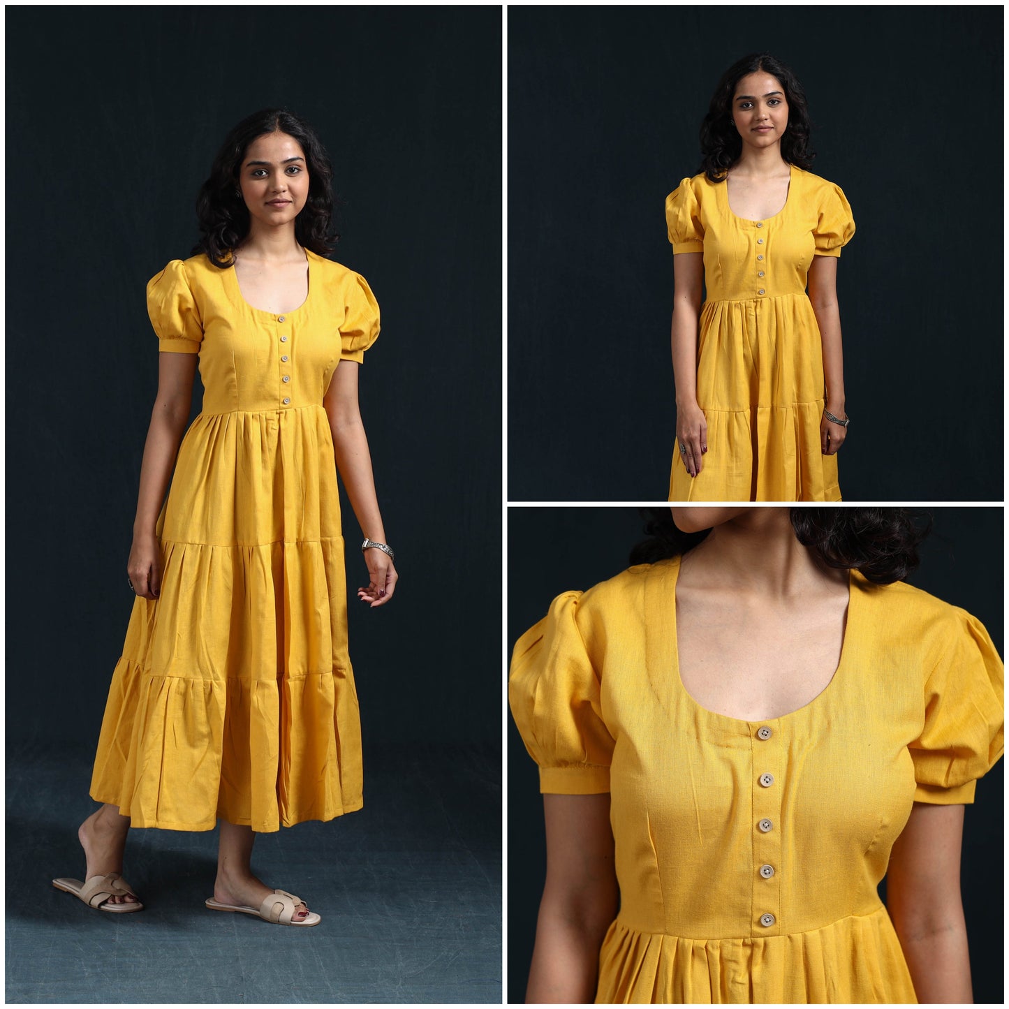 Yellow - flex cotton tiered plain dress 10 - handcrafted
