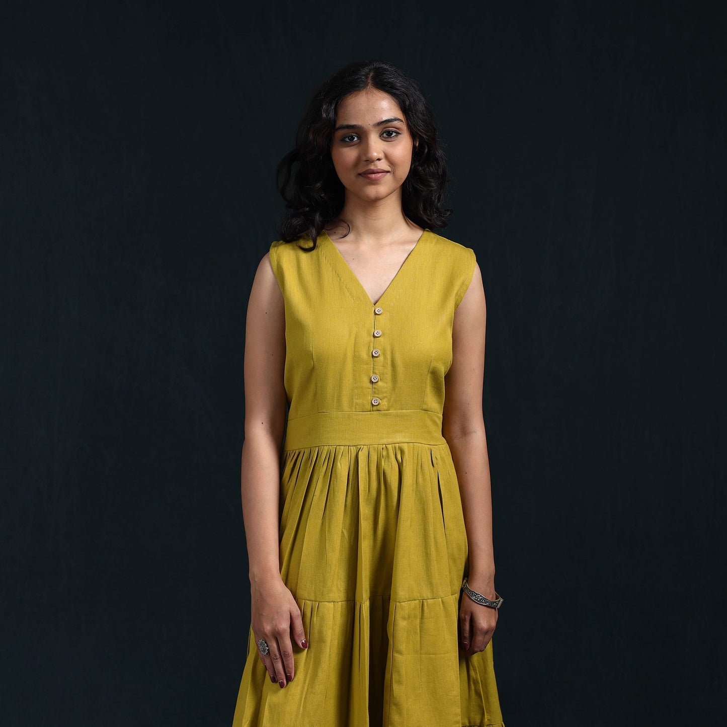 Yellow - flex cotton tiered plain dress 13 - handcrafted