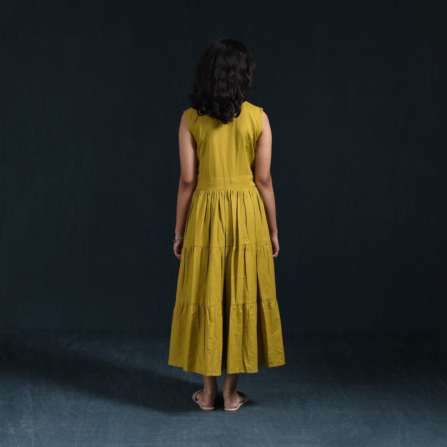 Yellow - flex cotton tiered plain dress 13 - handcrafted