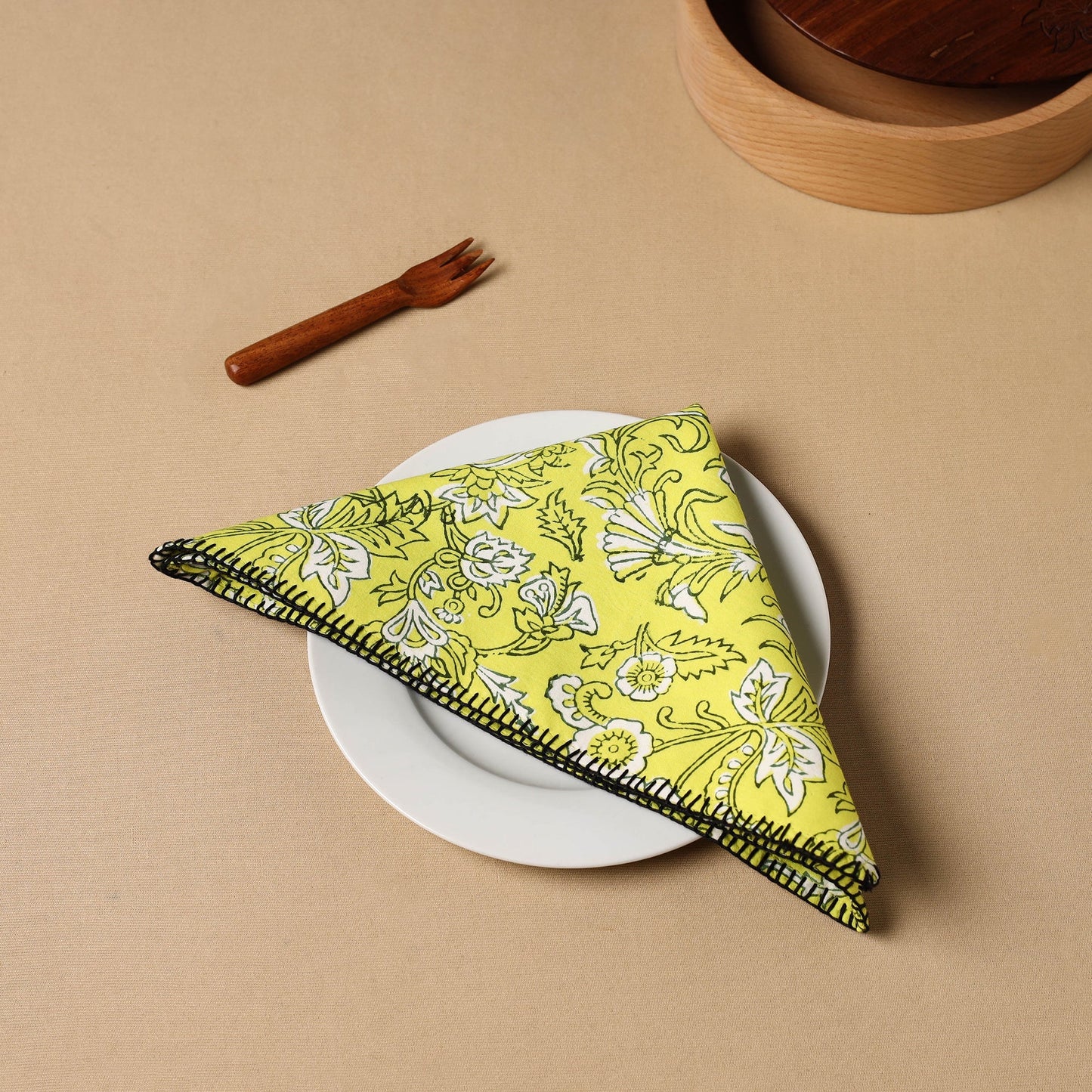 Yellow Floral Block Print Cotton Hand Embroidery Table Napkin