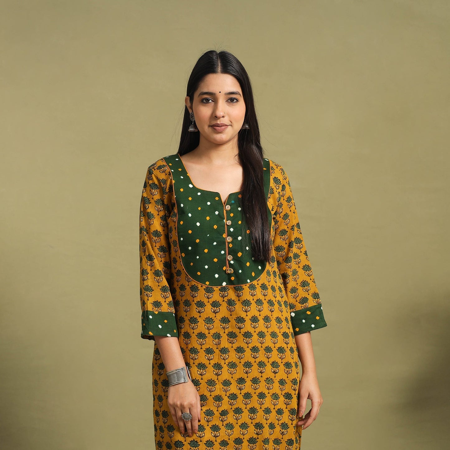 Fusion Mul Cotton Straight Yellow Ajrakh Kurta for Women