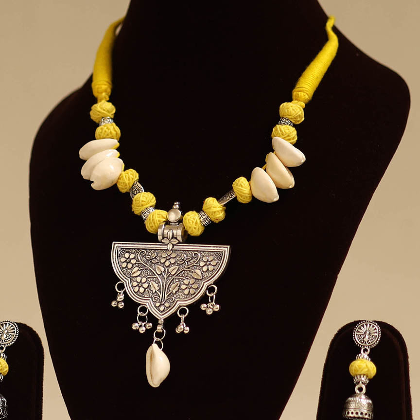 Yellow - german silver necklace set with thread beads 04