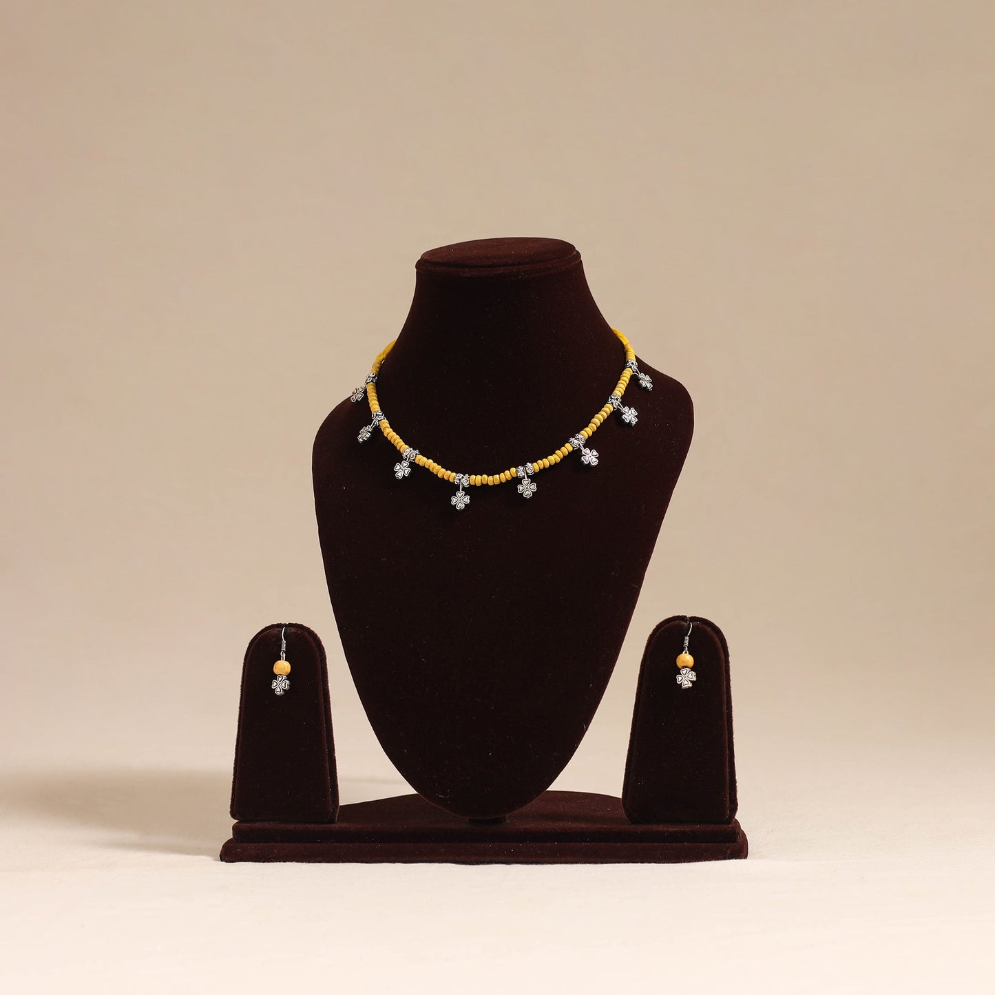 Yellow - german silver wooden beads necklace set 01