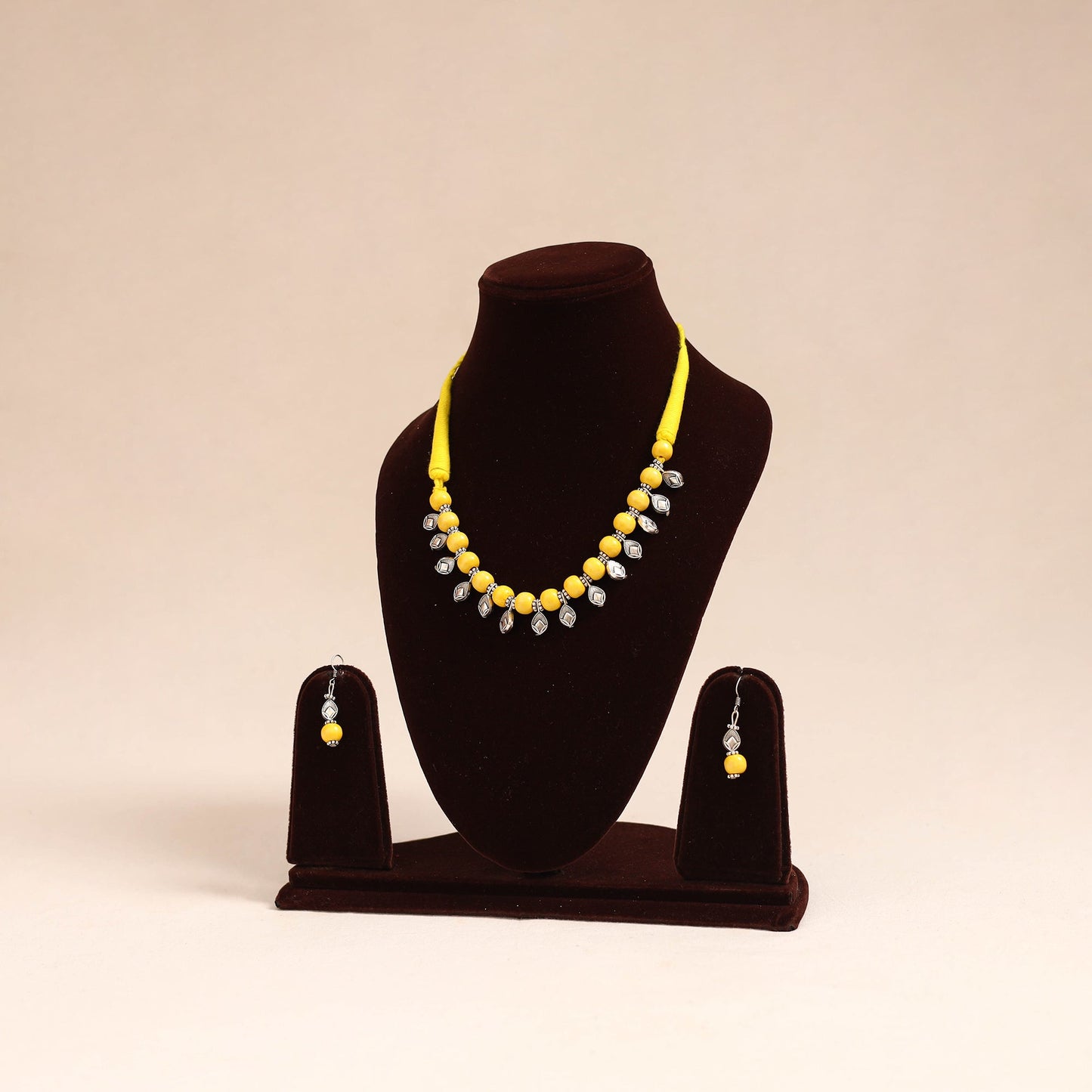 Yellow - german silver wooden beads necklace set 37