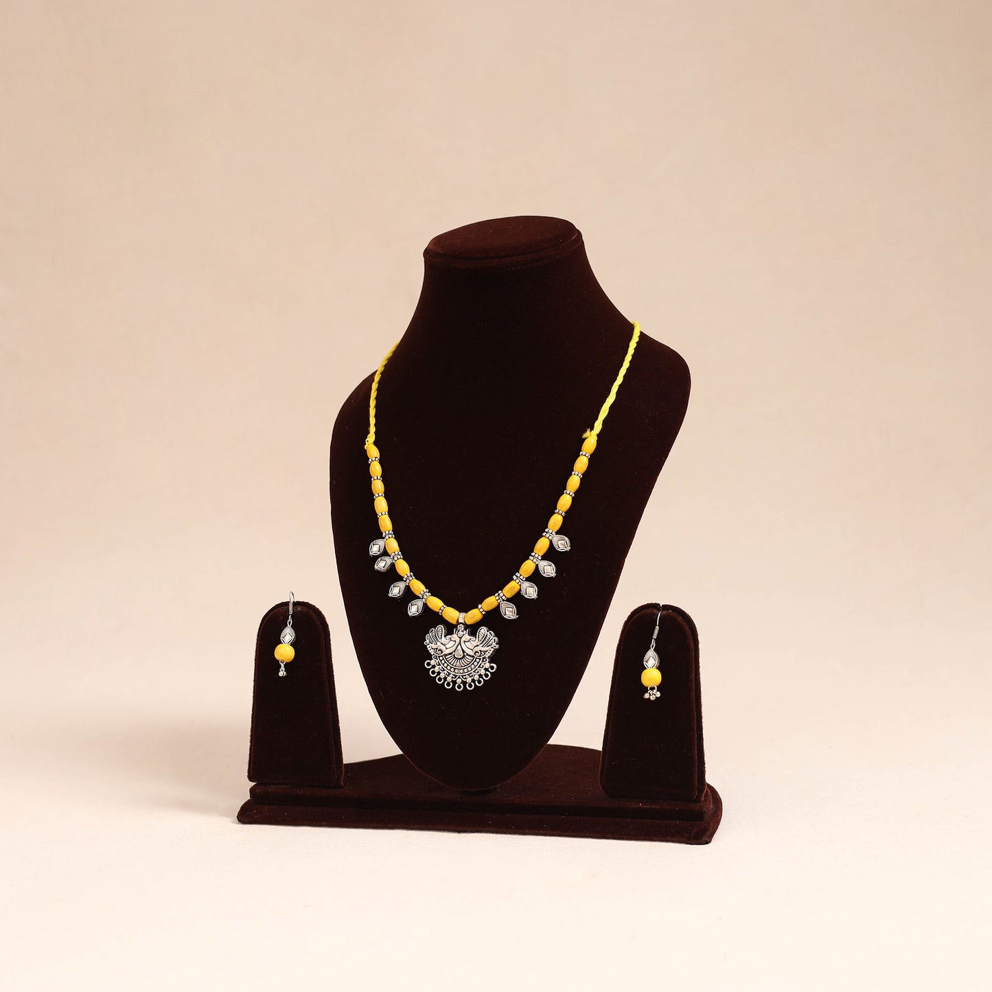 Yellow - german silver wooden beads necklace set 61