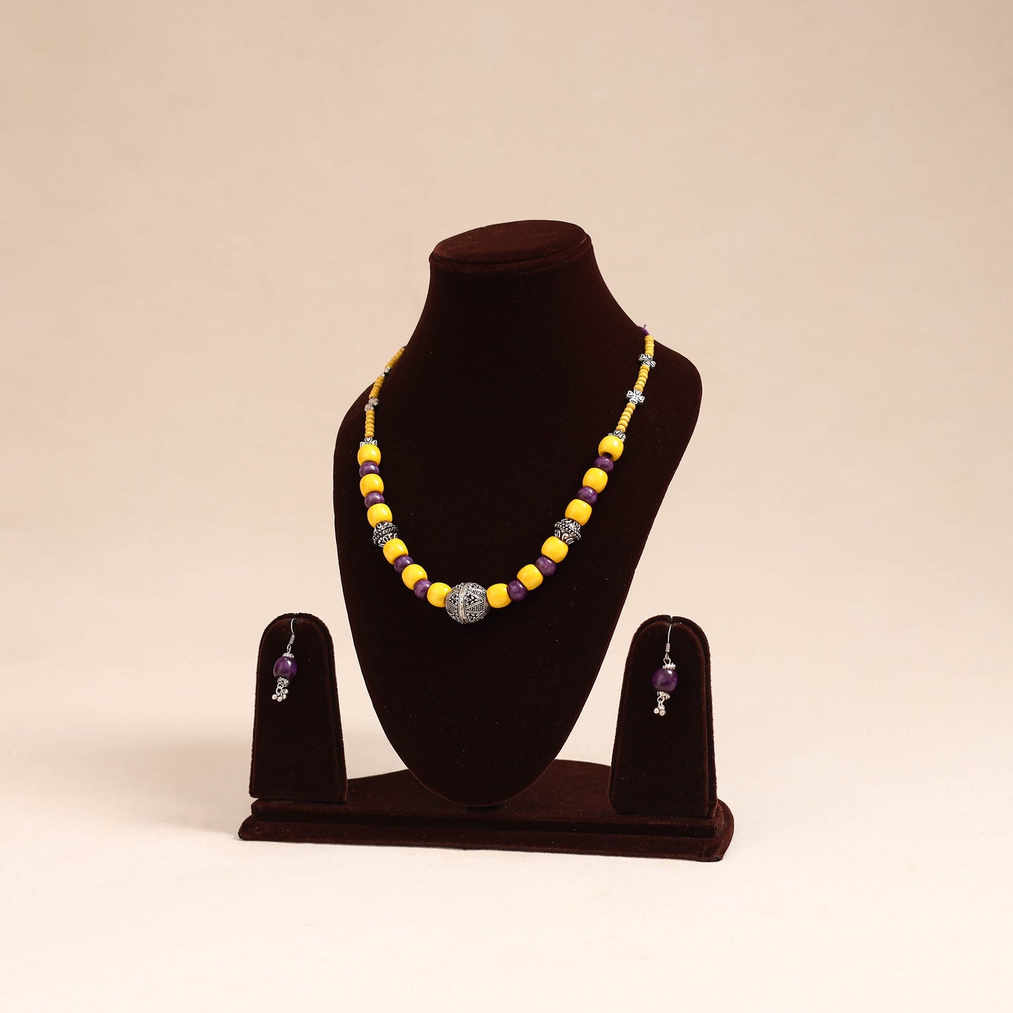 Yellow - german silver wooden beads necklace set 78